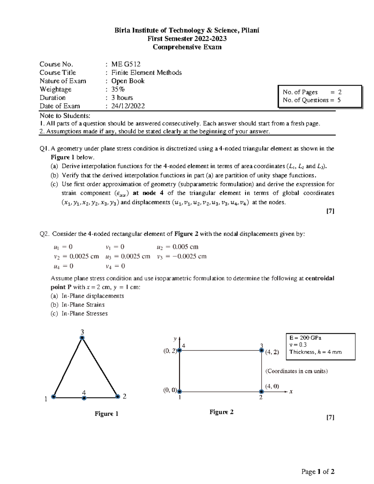 ME G512 First Semester Comprehensive Exam on Finite Element Methods ...