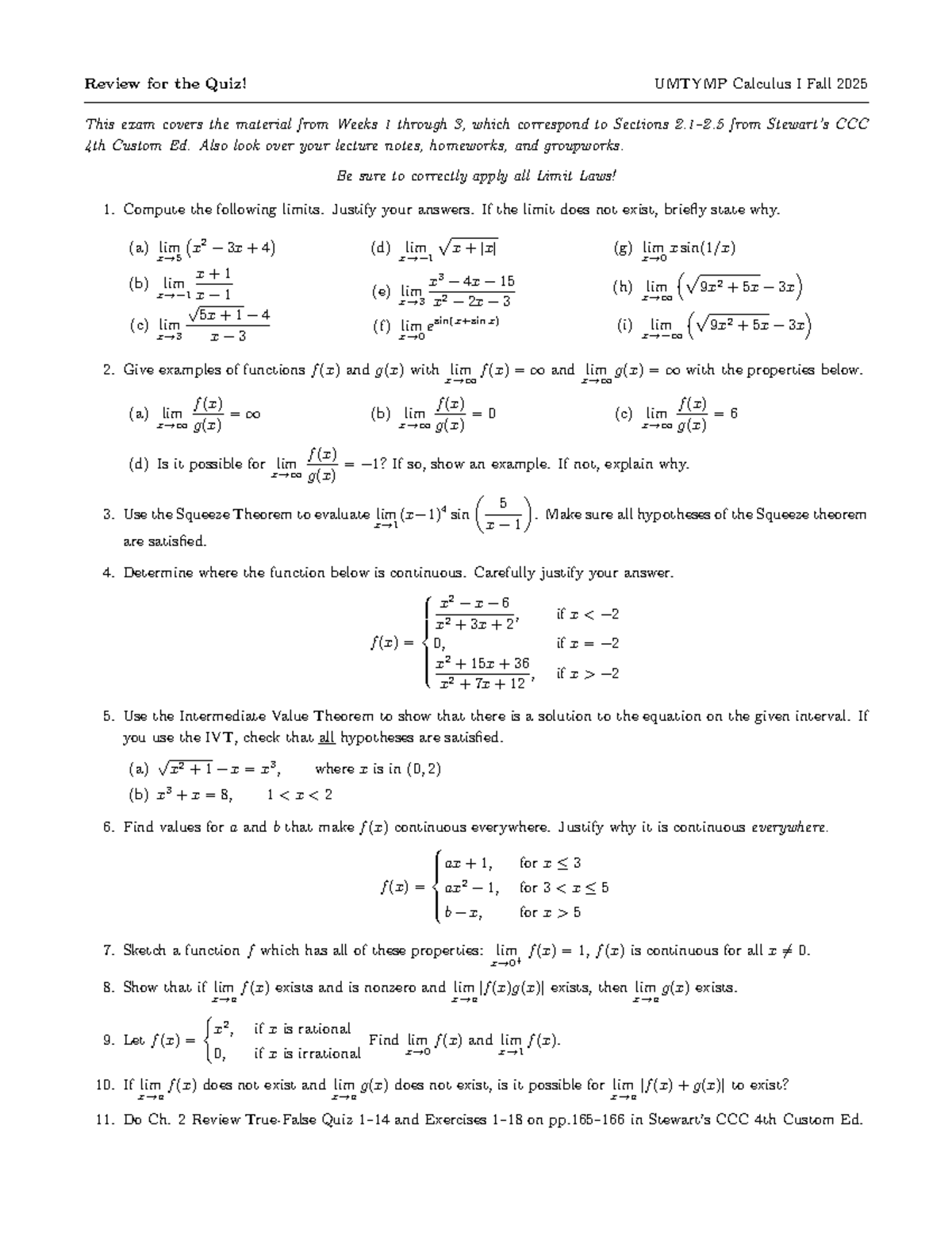 Quiz Review for UMTYMP Calculus I (Fall 2025) - Weeks 1-3 - Studocu