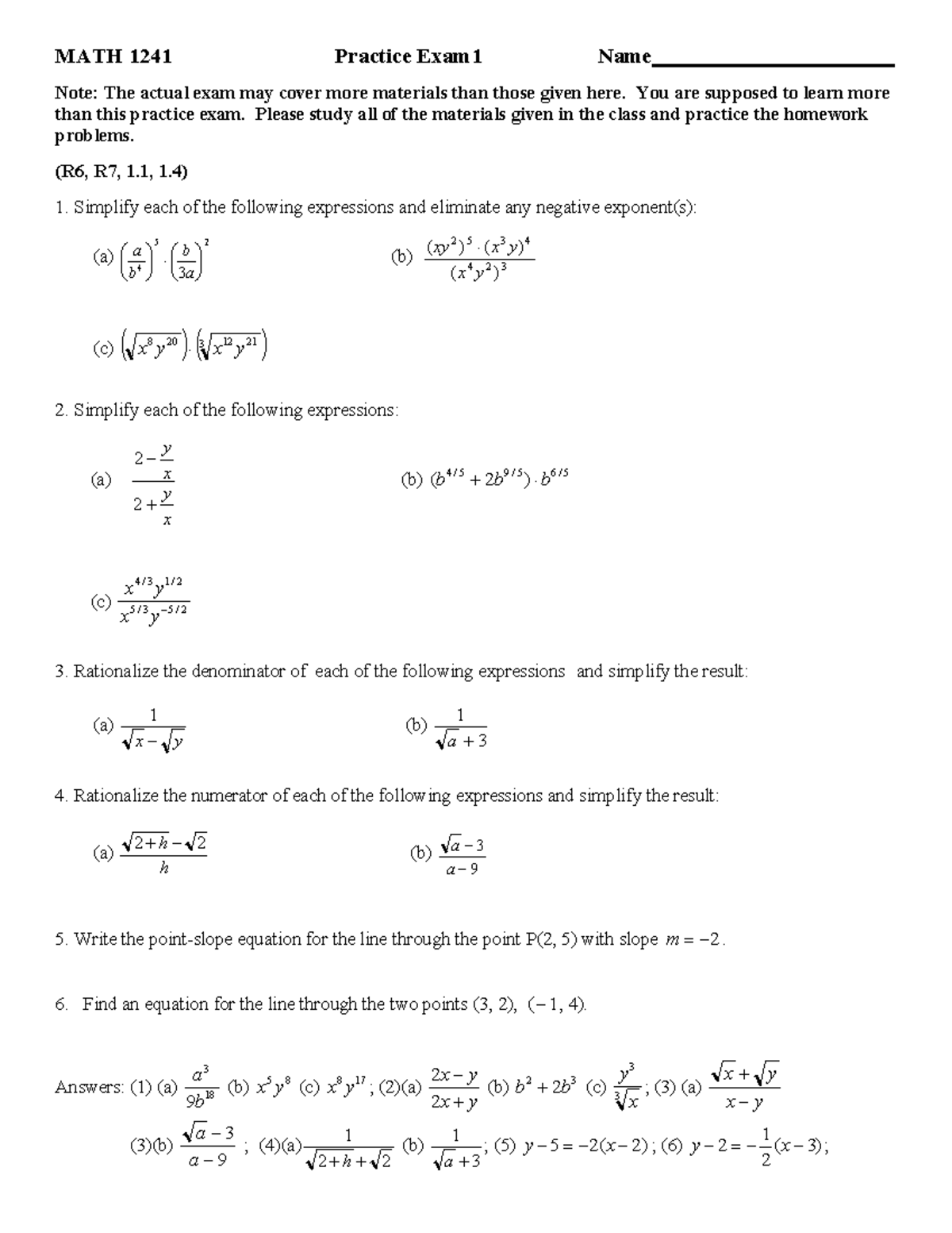 MATH 1241 Practice Exam 1: Simplification & Rationalization Notes - Studocu