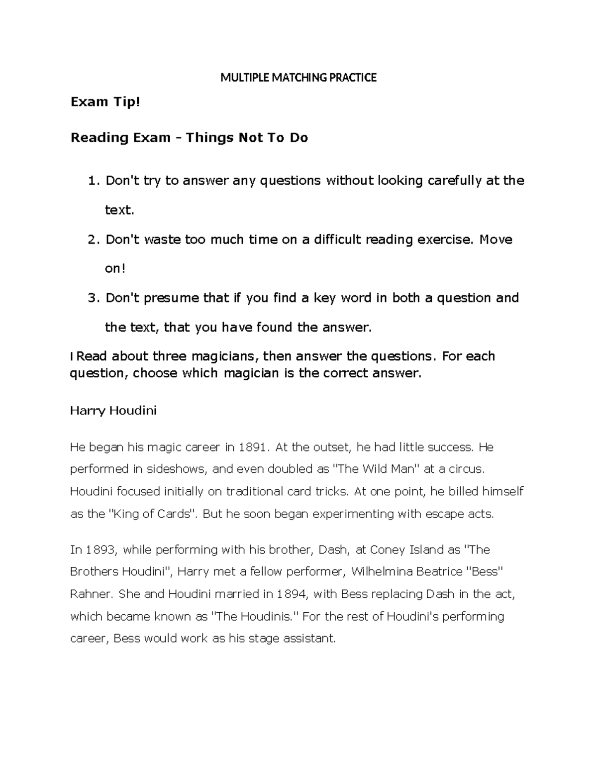 Multiple Matching Practice: Exam Tips & Magician Insights - Studocu