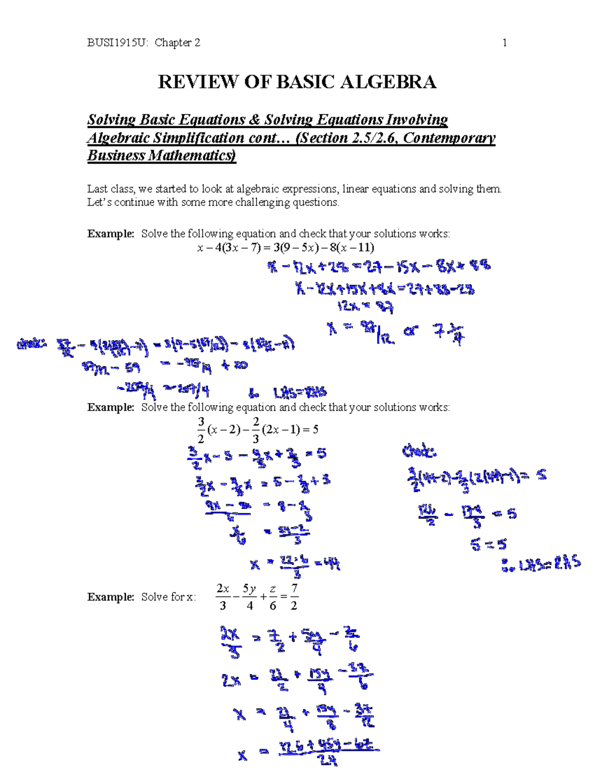 BUSI1915U: Chapter 2 Review of Basic Algebra & Word Problems - Studocu