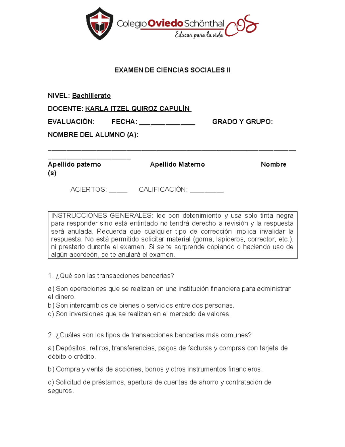 Examen Final de Ciencias Sociales II - Bachillerato - Studocu