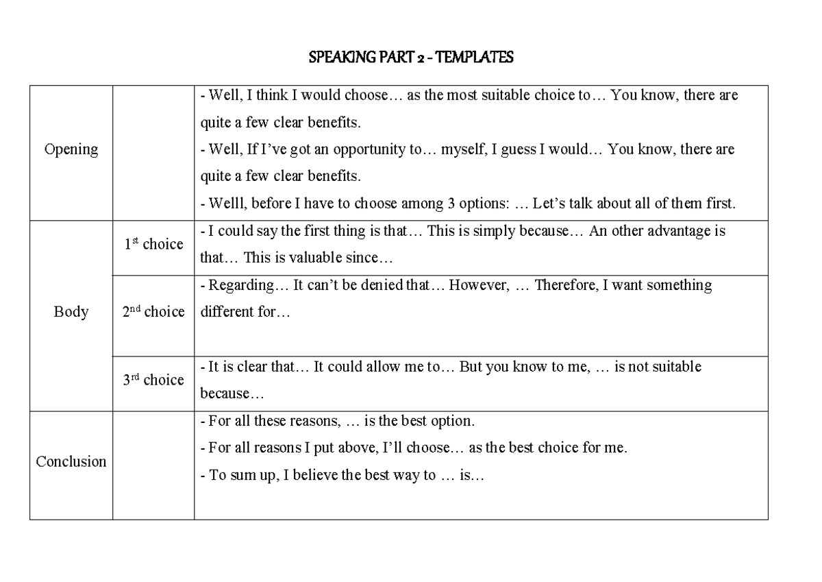 Speaking part 2 - templates - SPEAKINGPART 2 - TEMPLATES Opening Well ...
