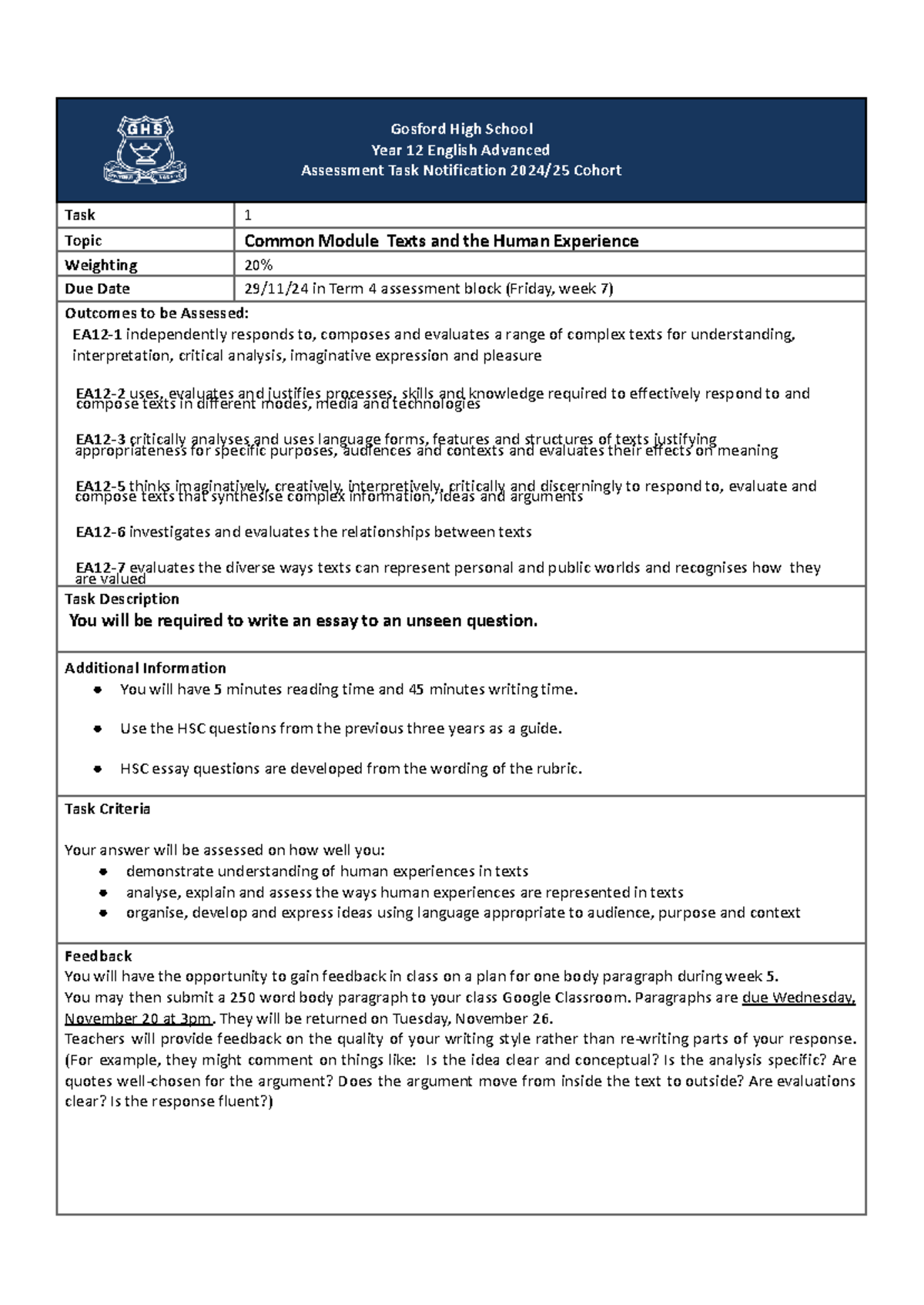 Year 12 English Adv Task 1: Common Module Essay Guidelines - Studocu