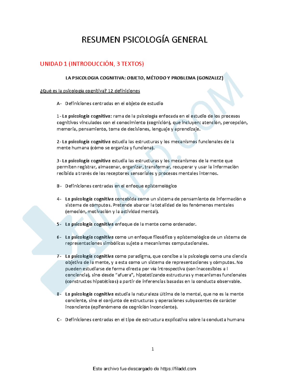Resumen de Psicología General: Unidad 1 - Introducción a la Psicología ...