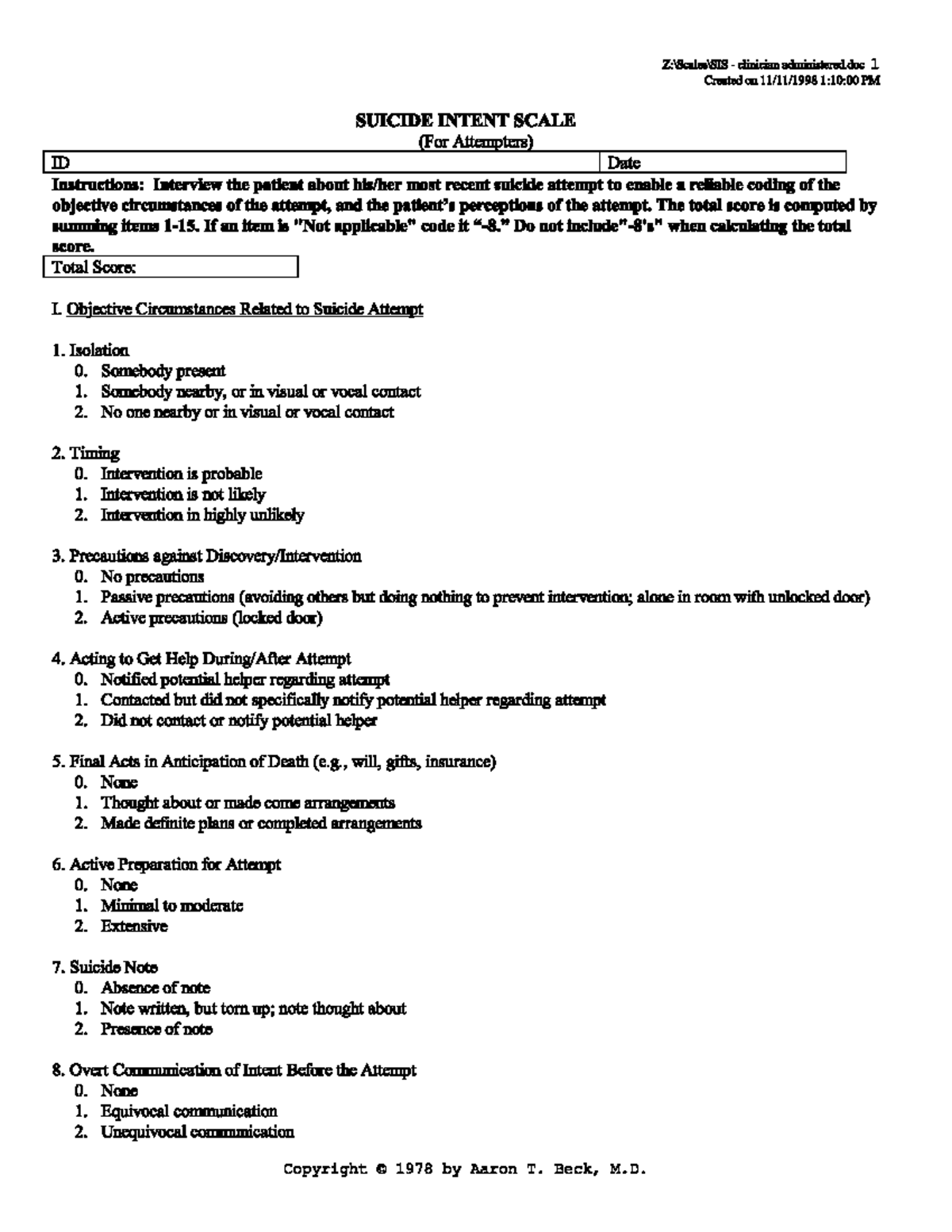 Beck's Suicide Intent Scale (BSIS) - clinician administered 1 Created ...