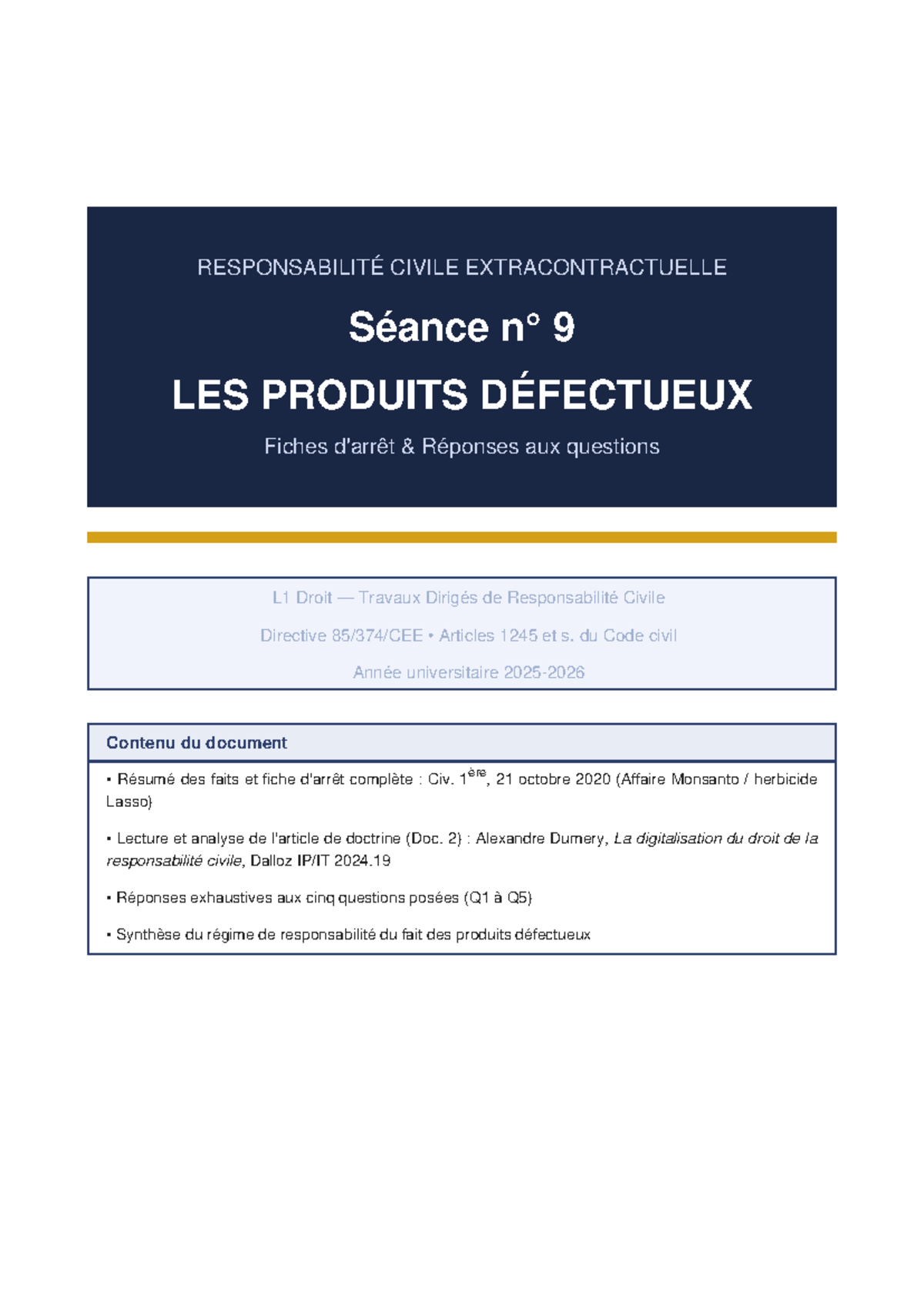 Séance 9 : Produits Défectueux - Responsabilité Civile L1 Droit - Studocu