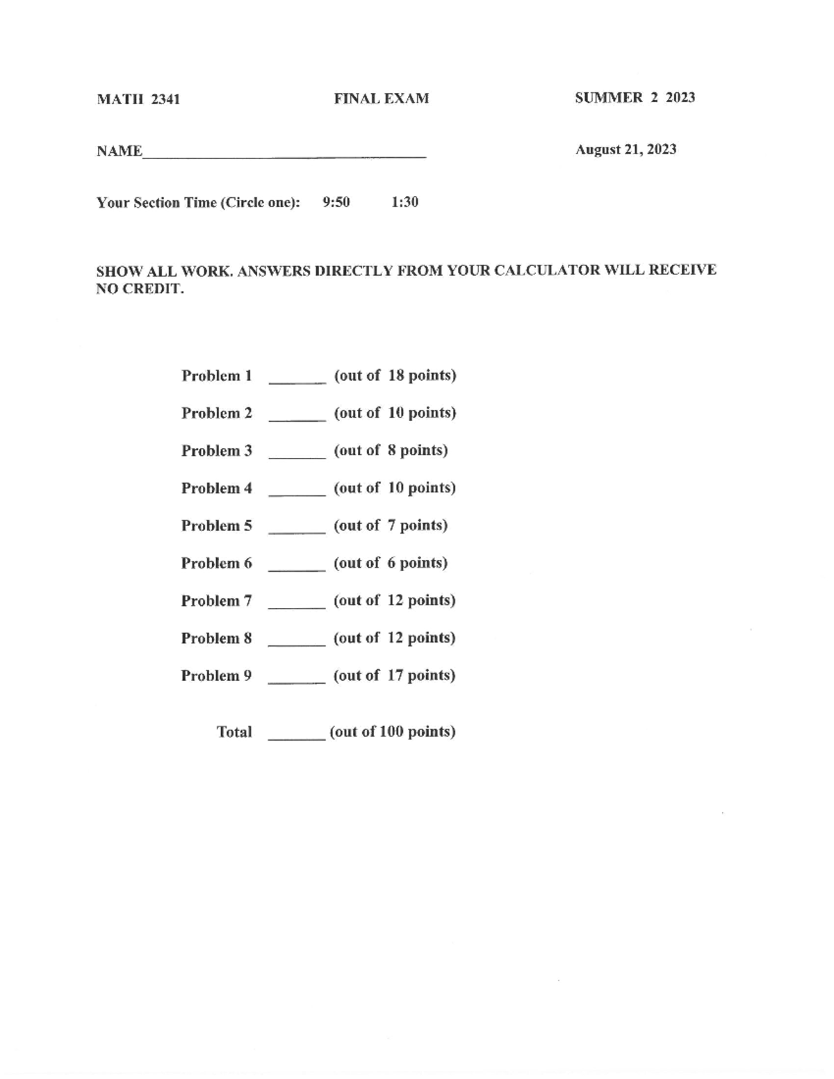 2341 Summer 2023 Final Exam Questions & Solutions - Studocu