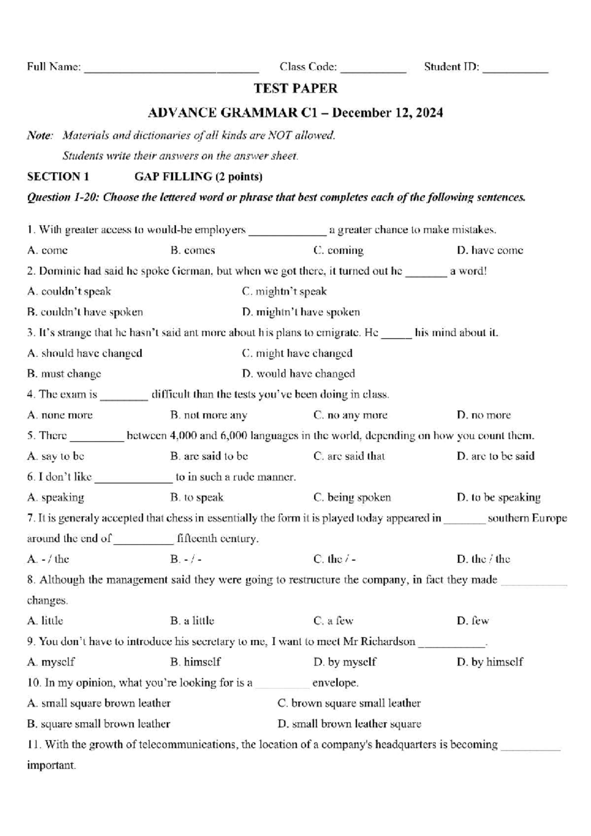 Advanced English Grammar Test