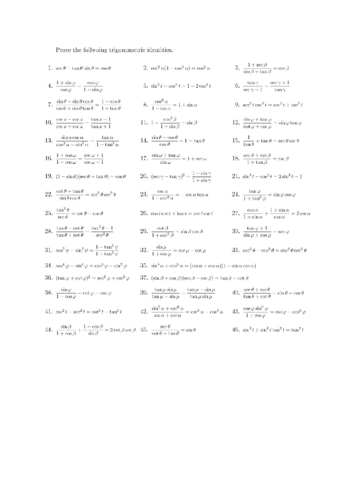 2U Trig Proving Worksheet: Trigonometric Identities - Studocu