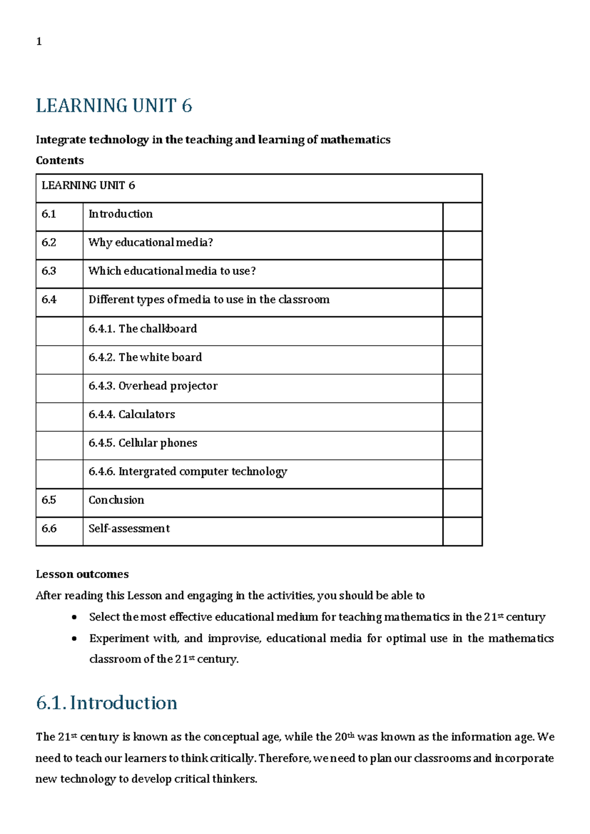 Learning Unit 6: Integrating Technology in Math Education - Studocu