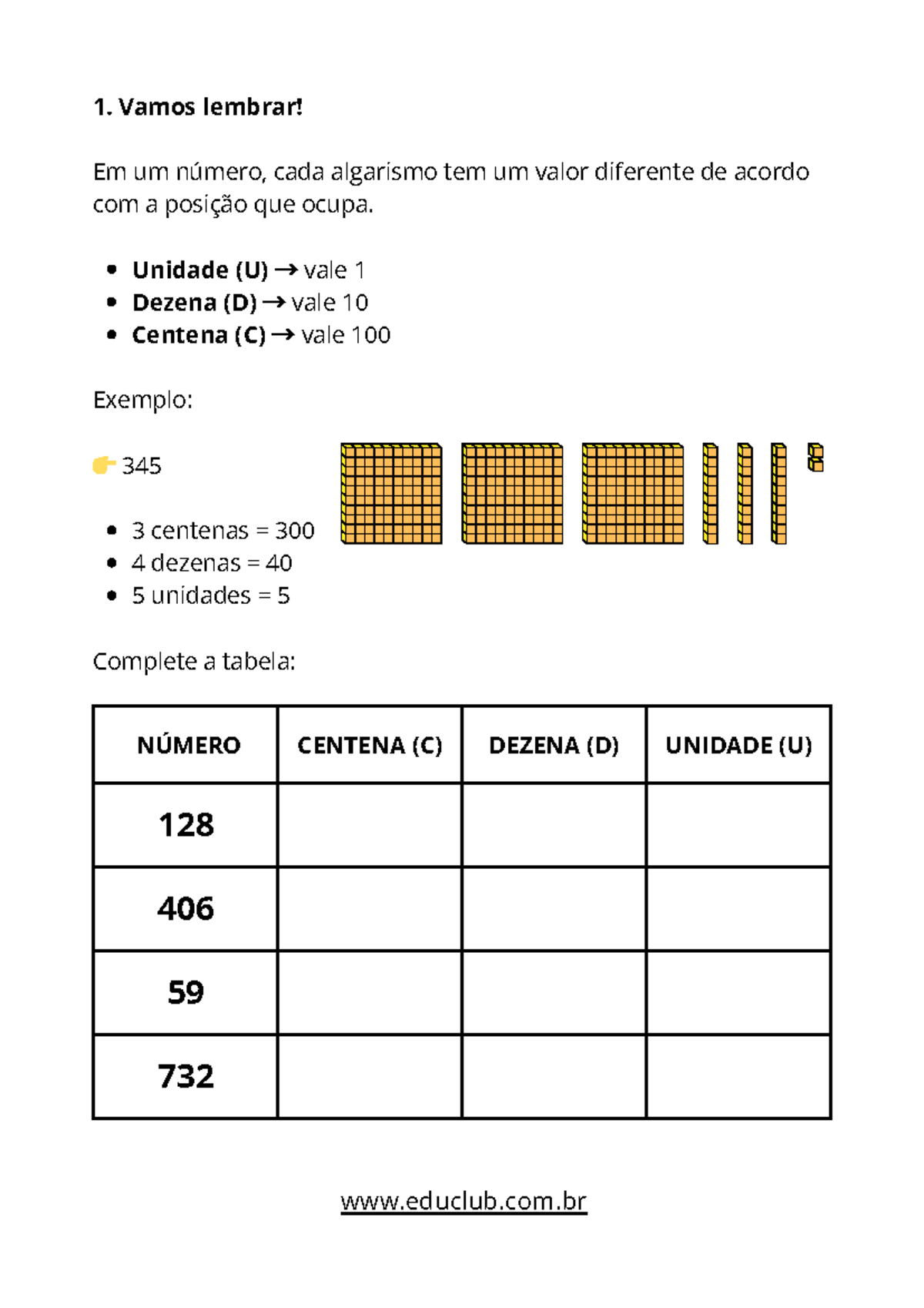 Atividade de Matemática: Valor Posicional dos Algarismos - 2º e 3º Ano ...