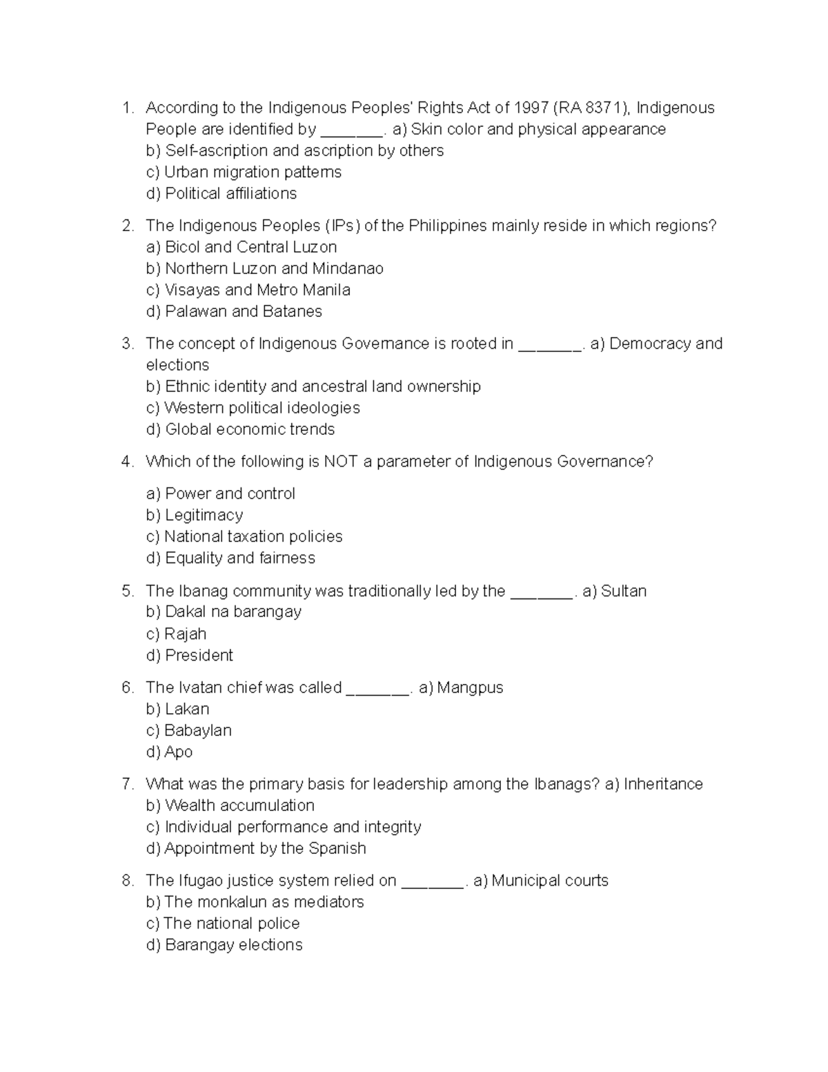 IP MOCK EXAM 1: Indigenous Peoples of the Philippines Insights - Document Preview