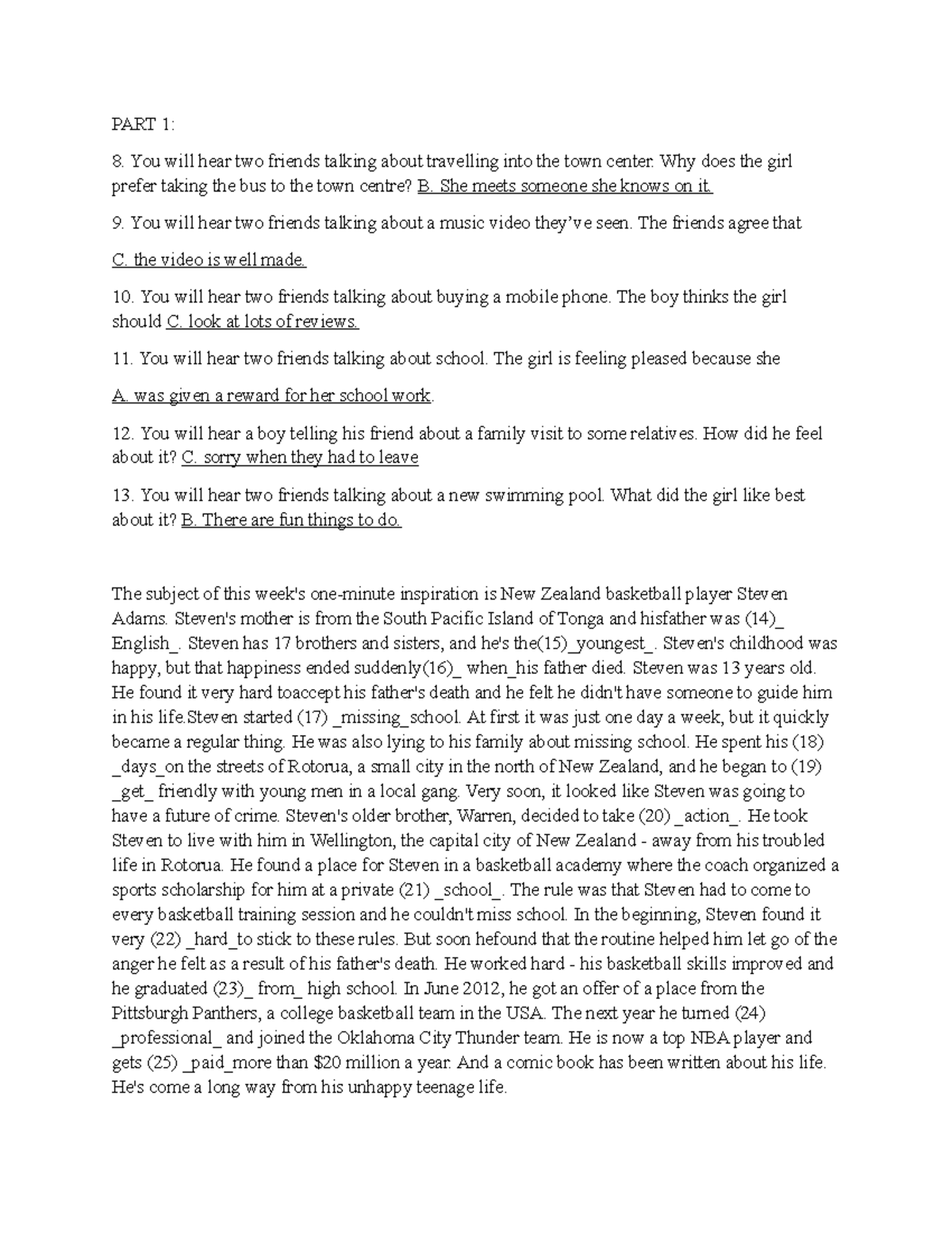 PART 1: Listening Comprehension Practice and Analysis - Studocu