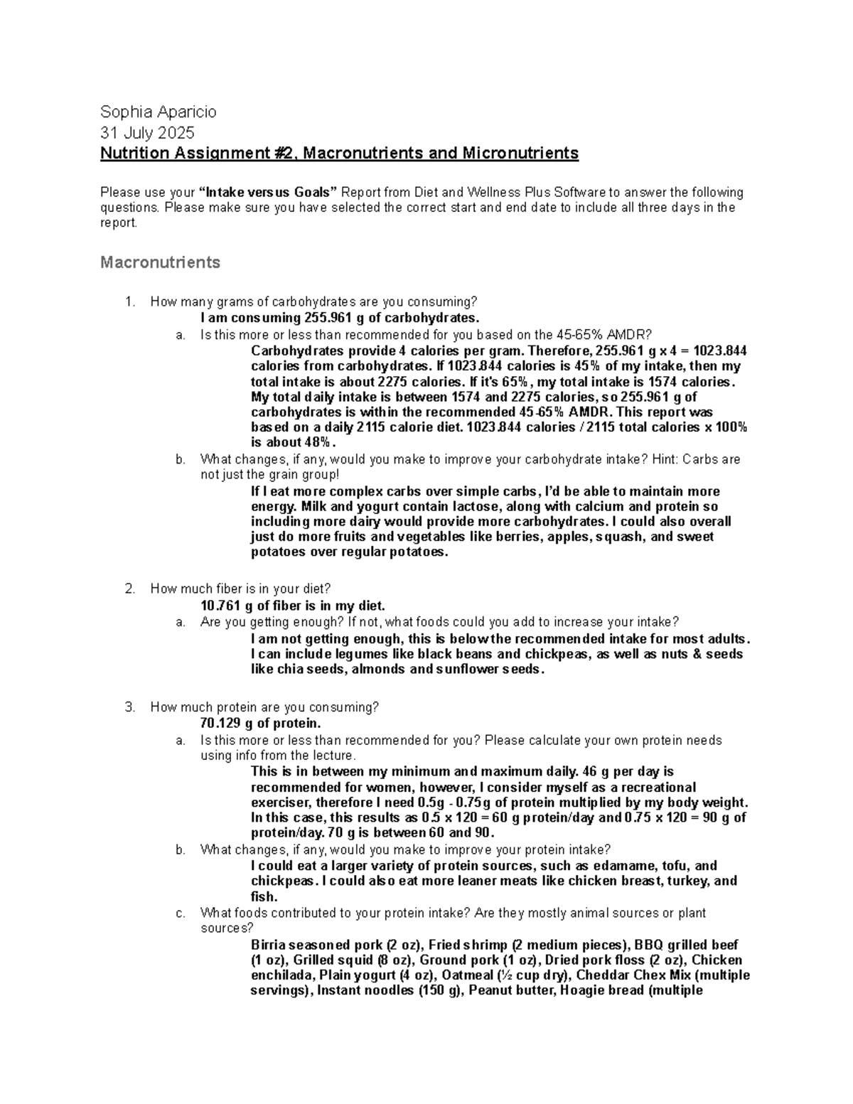 Nutrition Assignment 2 Macronutrients Micronutrients Analysis Studocu