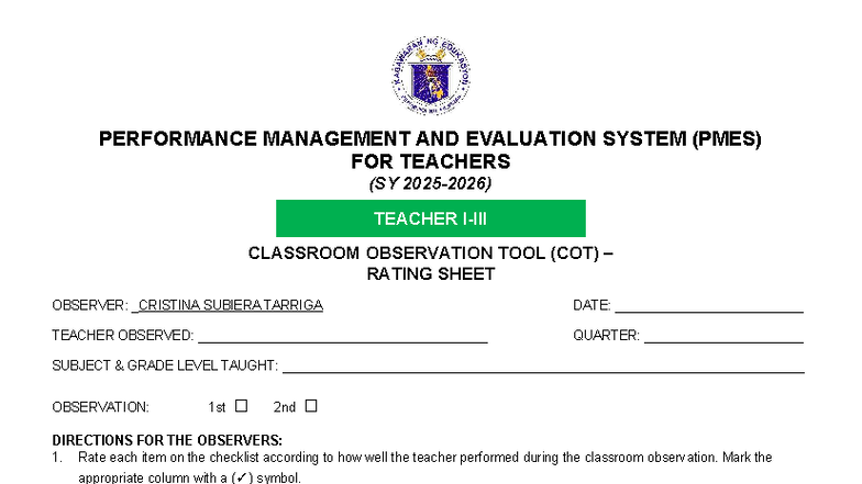 COT Rating Sheet for Proficient Teacher (SY TI-TIII) - Studocu