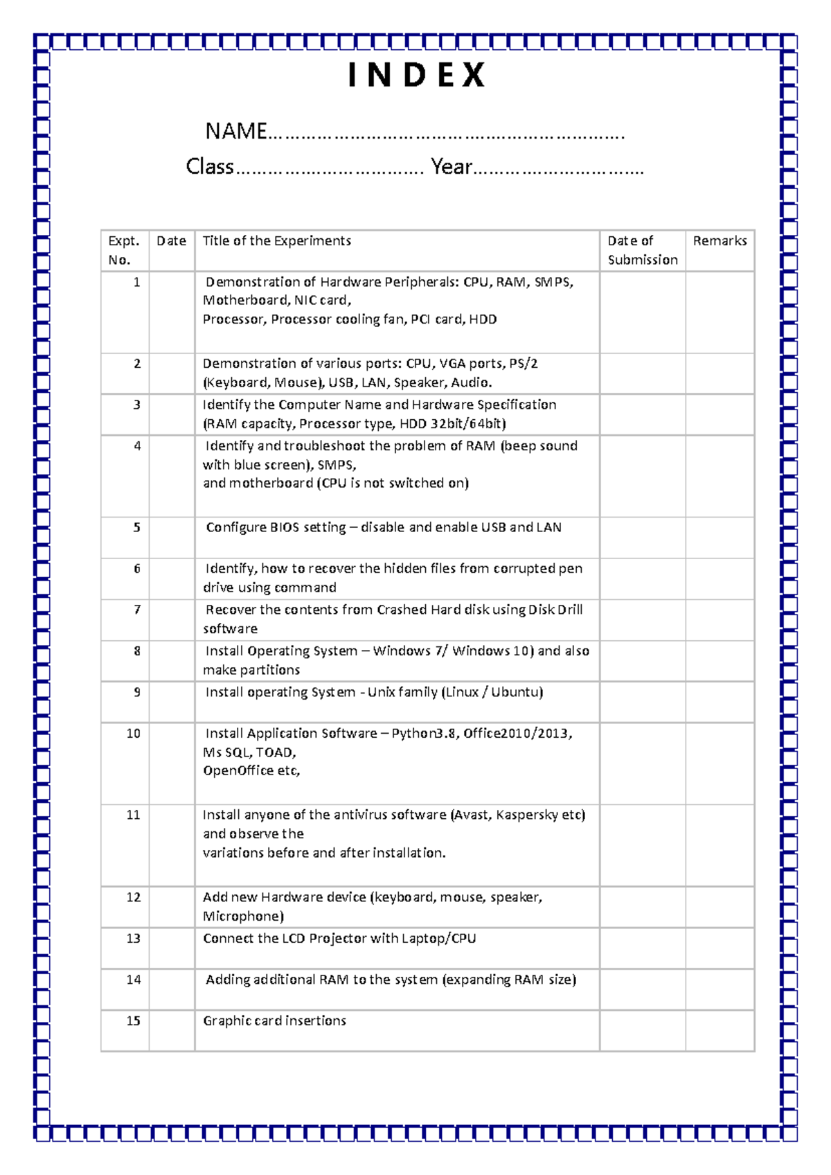 Computer Hardware & Software Lab Index: Experiments & Configurations ...