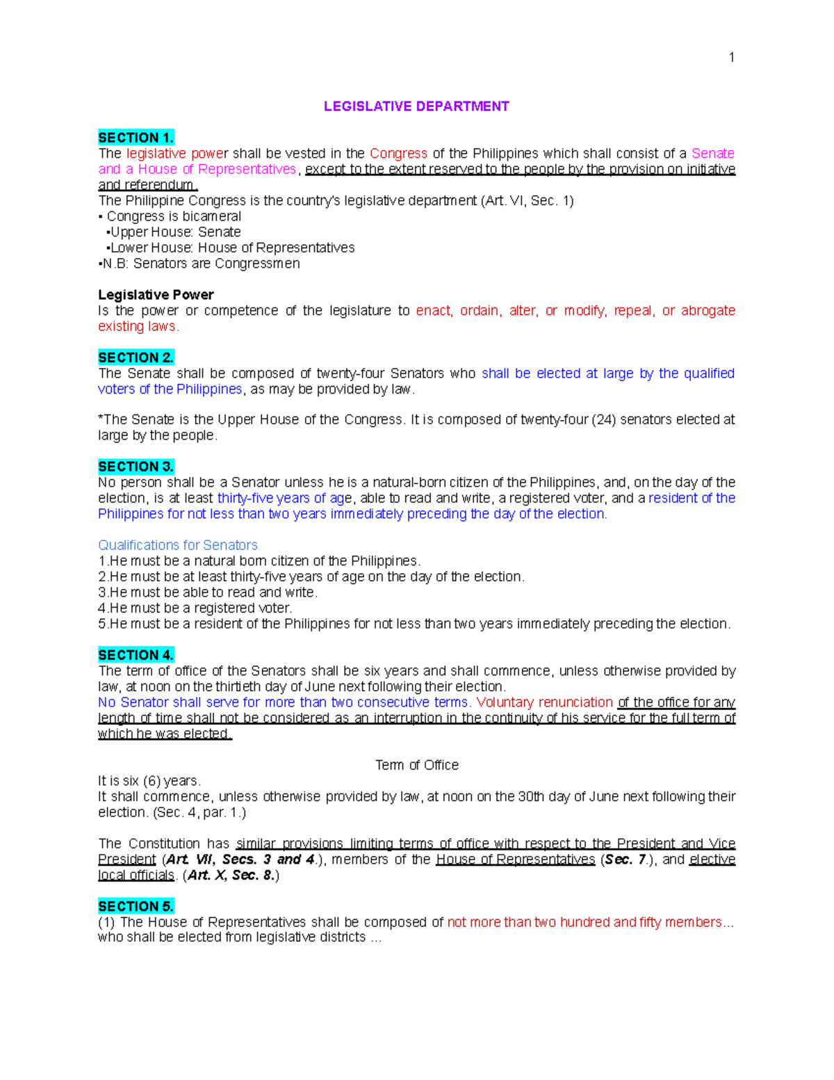 Politics Midterm: Legislative Department Overview and Key Provisions ...