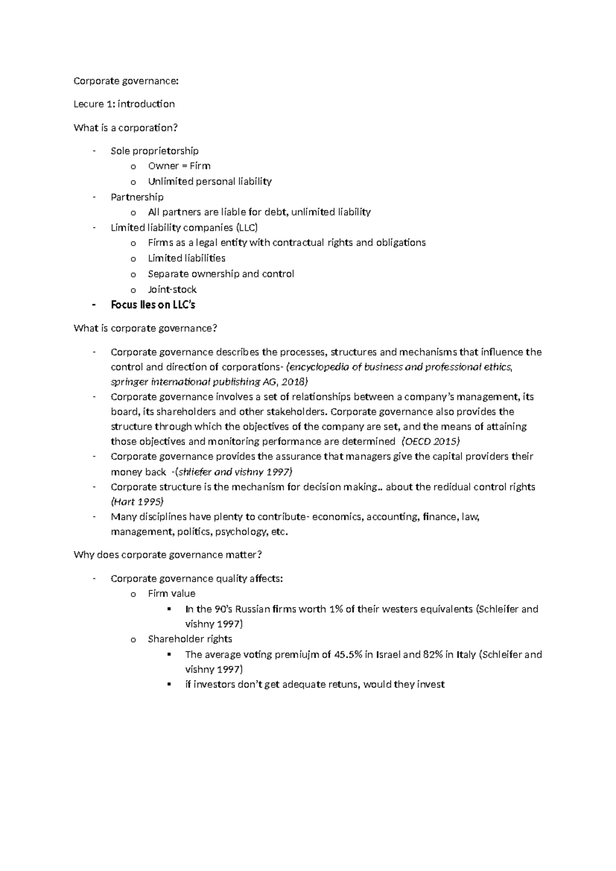 Corporate Governance: Lecture 1 & 2 Summary (Course Code: CG101 ...