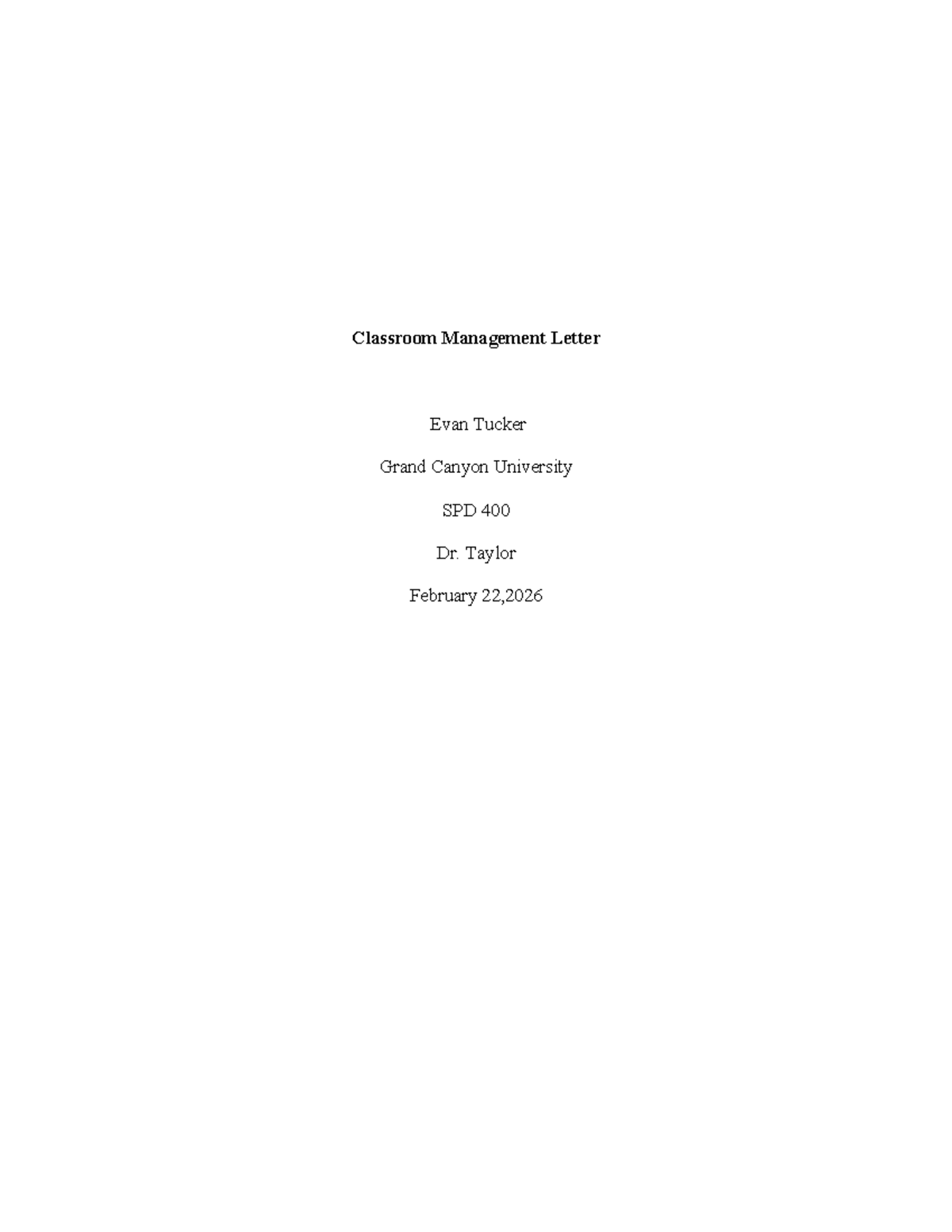 SPD 400 Classroom Management Letter by Evan Tucker - Studocu
