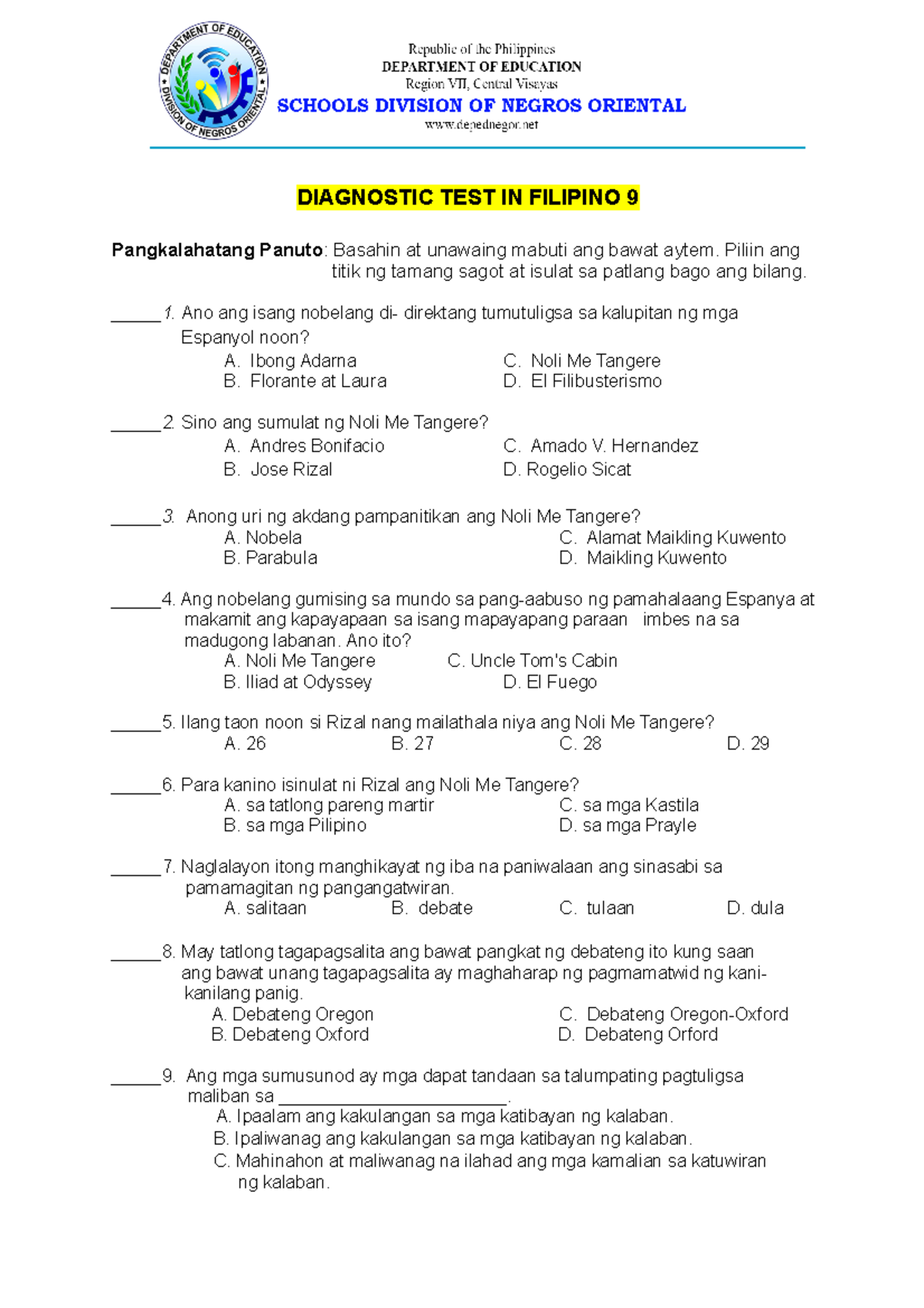 Diagnostic Test in Fil9 - DIAGNOSTIC TEST IN FILIPINO 9 Pangkalahatang ...