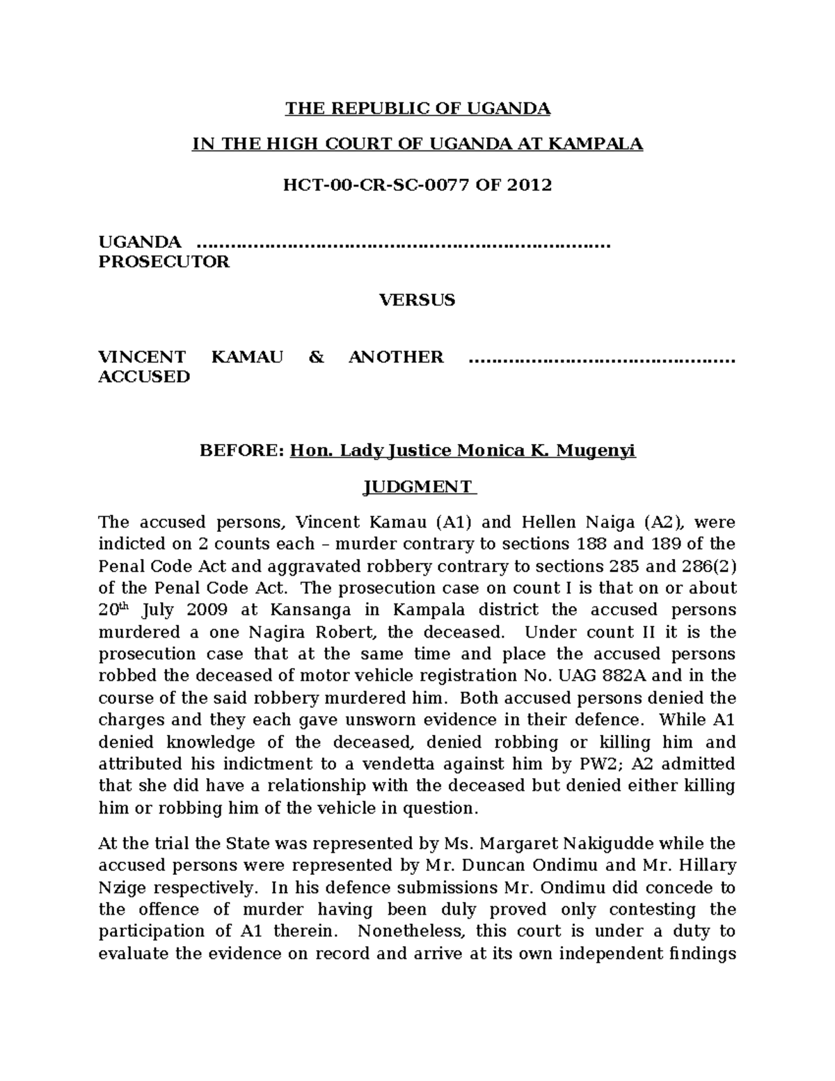 Uganda v Kamau & Naiga: High Court Judgment on Murder & Robbery ...