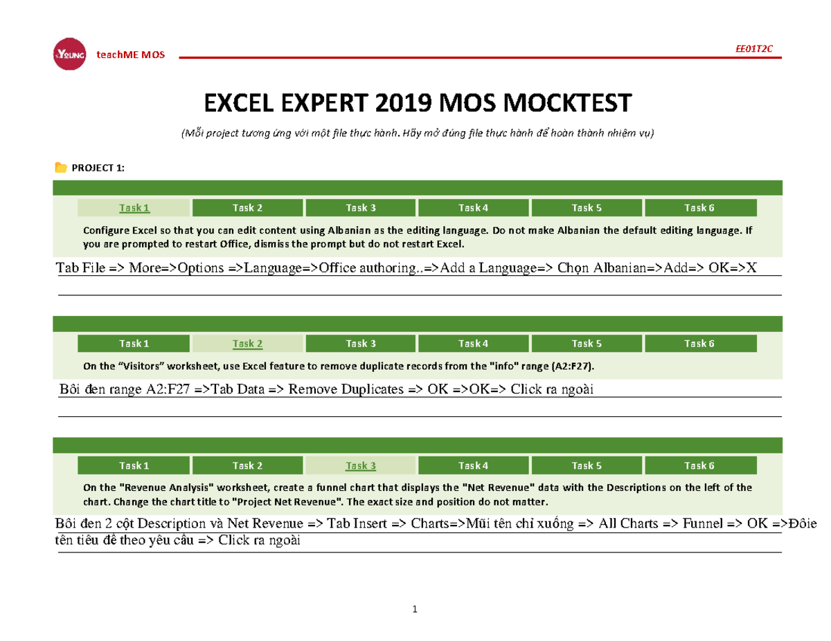 EE01T2C teachME MOS Excel Expert 2019 Mock Test Guide - Studocu