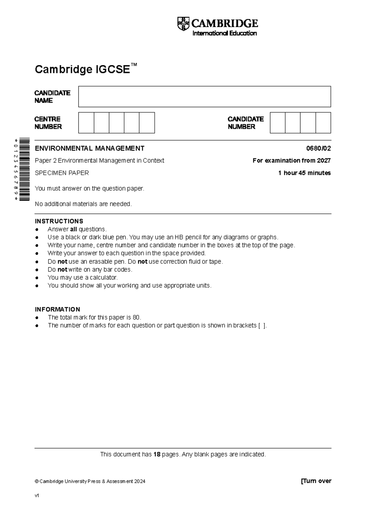 Cambridge IGCSE Environmental Management 0680 Specimen Paper 2027 - Studocu