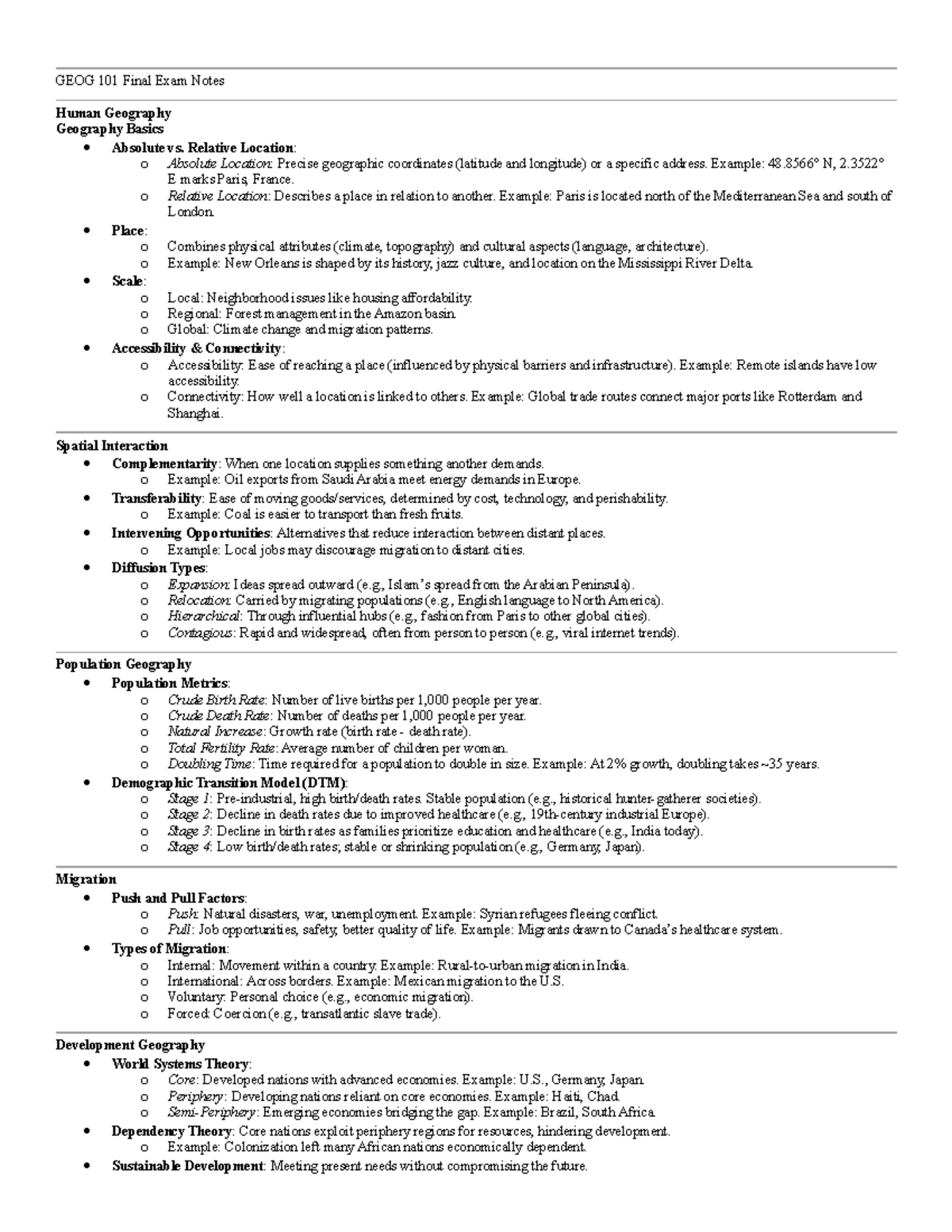 GEOG 101 Final Exam Notes: Key Concepts in Human Geography - Studocu