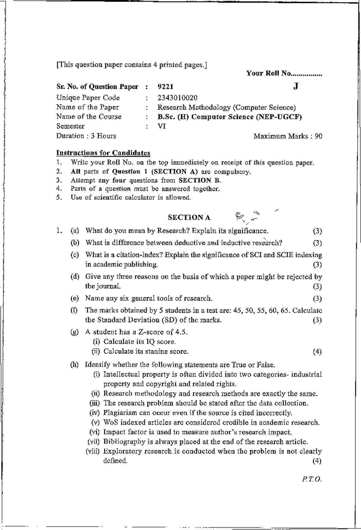 Research Methodology Quiz (J 9221) - Question Paper & Instructions ...