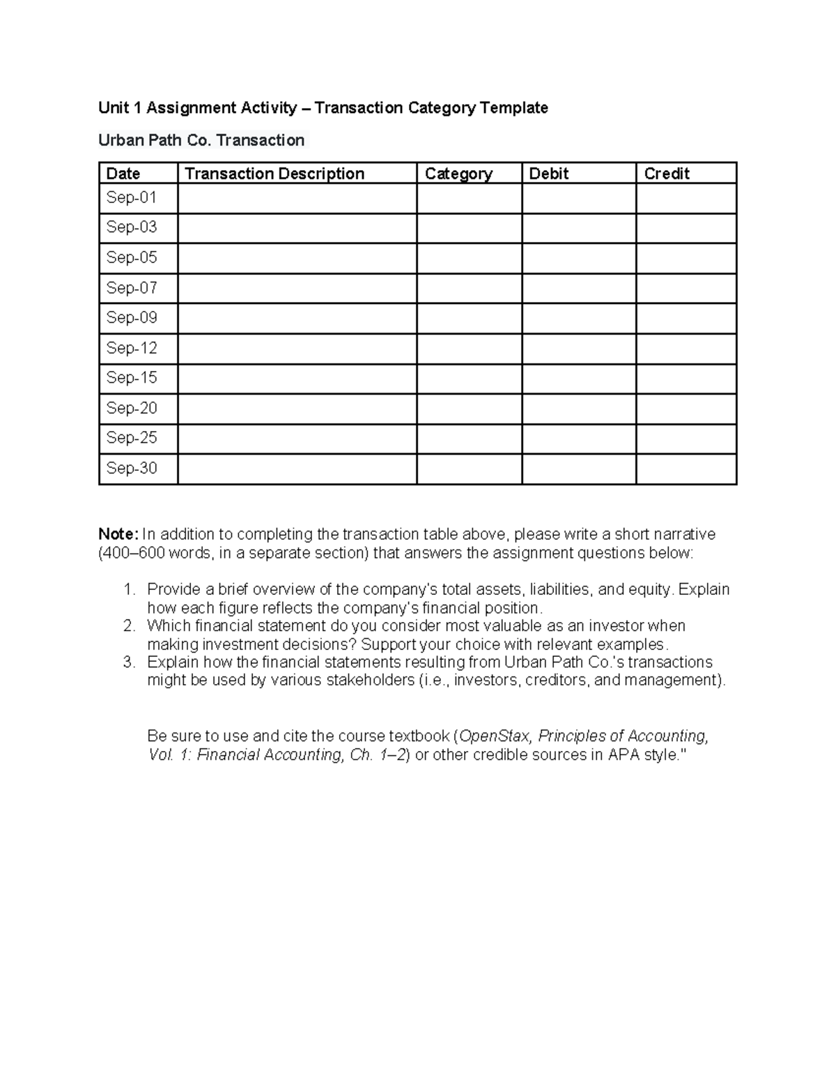 BUS 1102 Accounting Assignment: Unit 1 Transaction Analysis Template ...