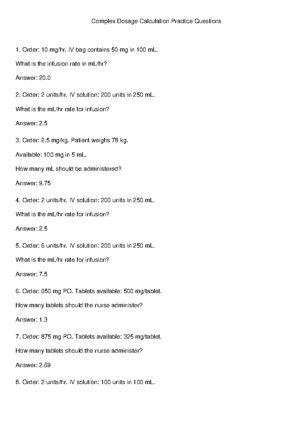 Complex Dosage Calculation Practice Questions (NUR 101) - Studocu
