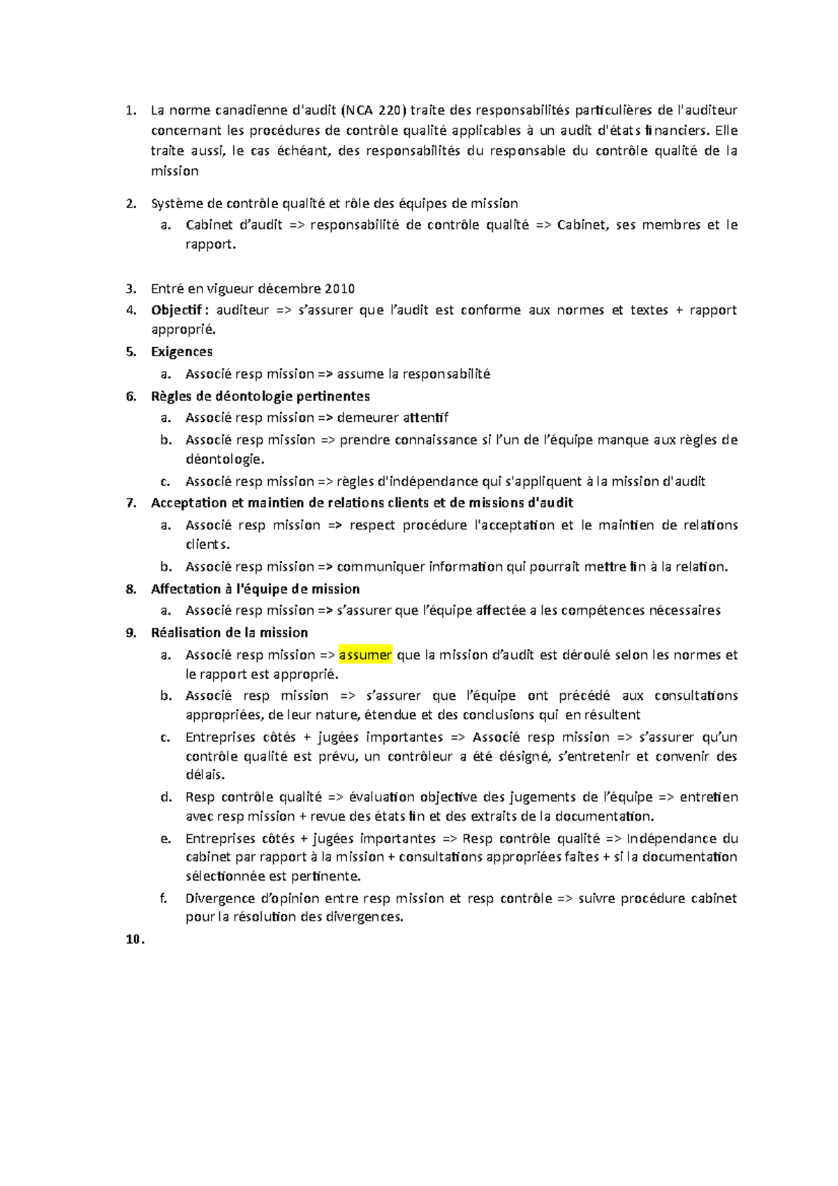 NCA 220 Résumé des Normes de Contrôle Qualité pour Auditeurs - Studocu