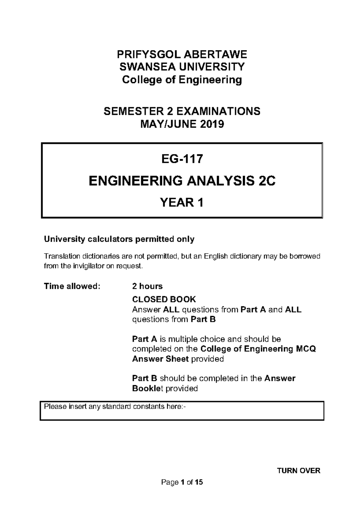 EG-117 Engineering Analysis 2C - May 2019 Mock Exam Paper - Studocu