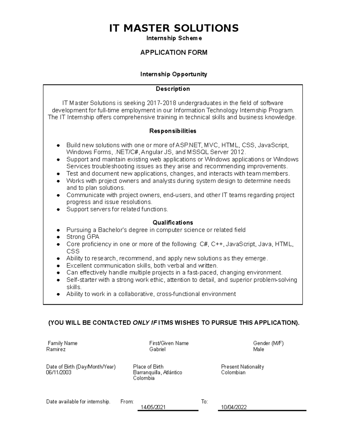 Formato-Internship application form - IT MASTER SOLUTIONS Internship ...