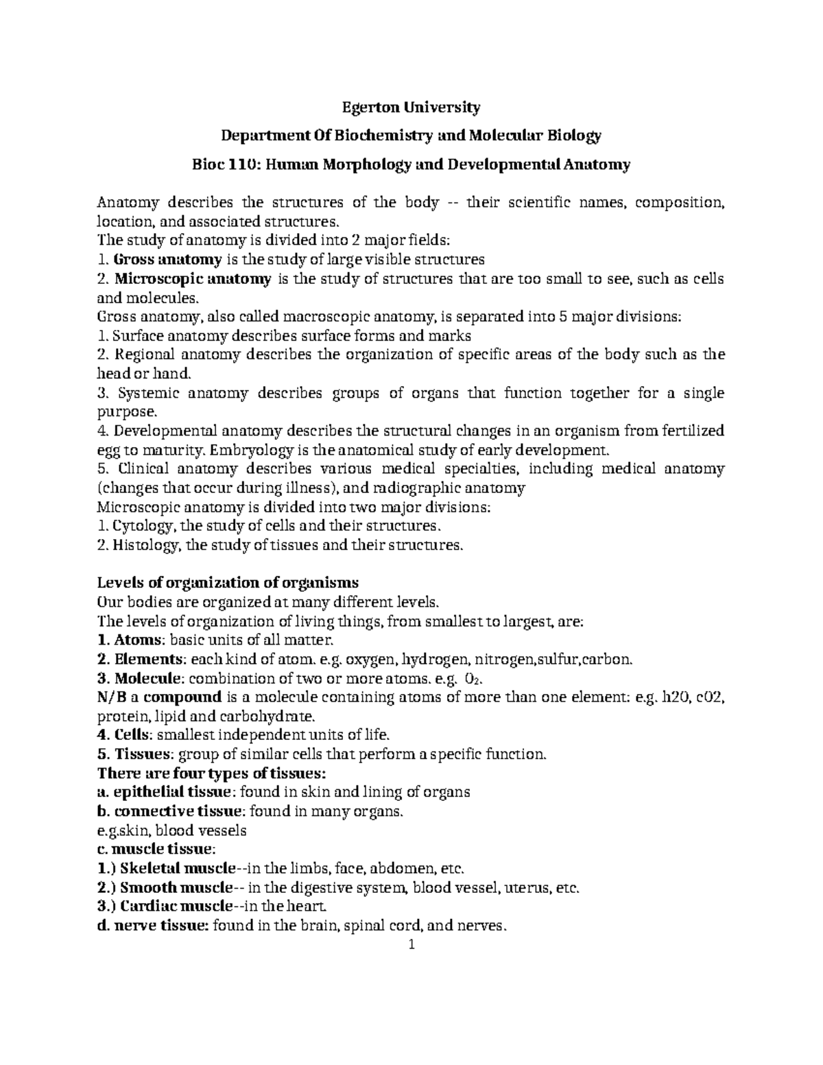 BMED 110: Human Morphology & Developmental Anatomy Lecture Notes - Studocu