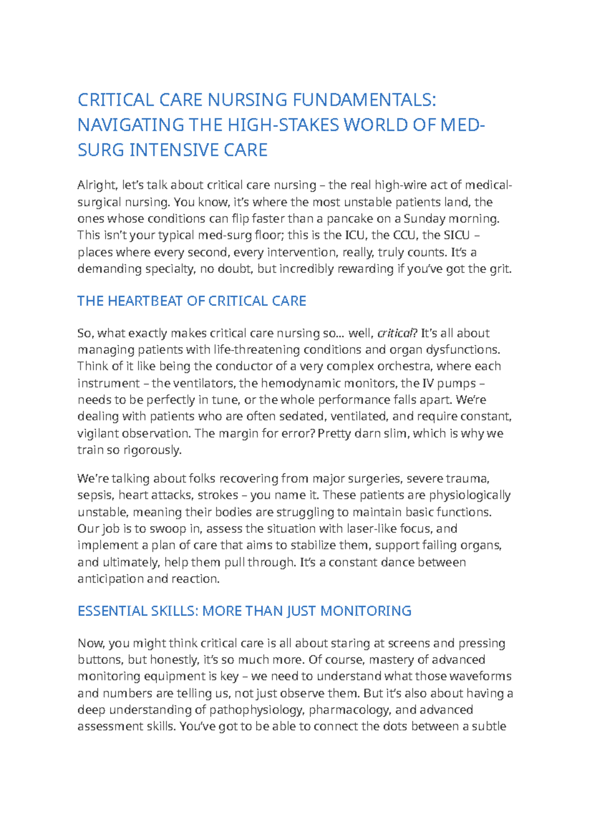 CRITICAL CARE NURSING FUNDAMENTALS: MEDSURG ICU ESSENTIALS - Studocu