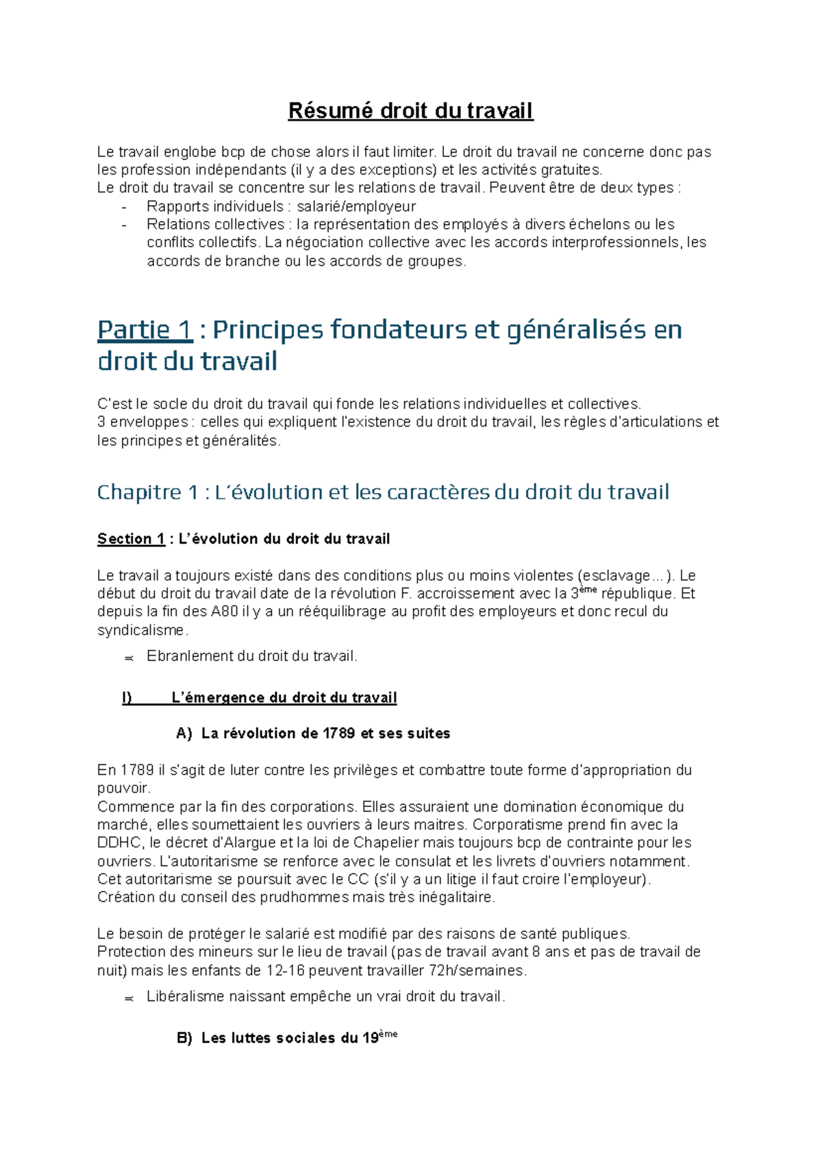 Résumé Droit du Travail - Principes et Acteurs (Cours DRT101) - Studocu