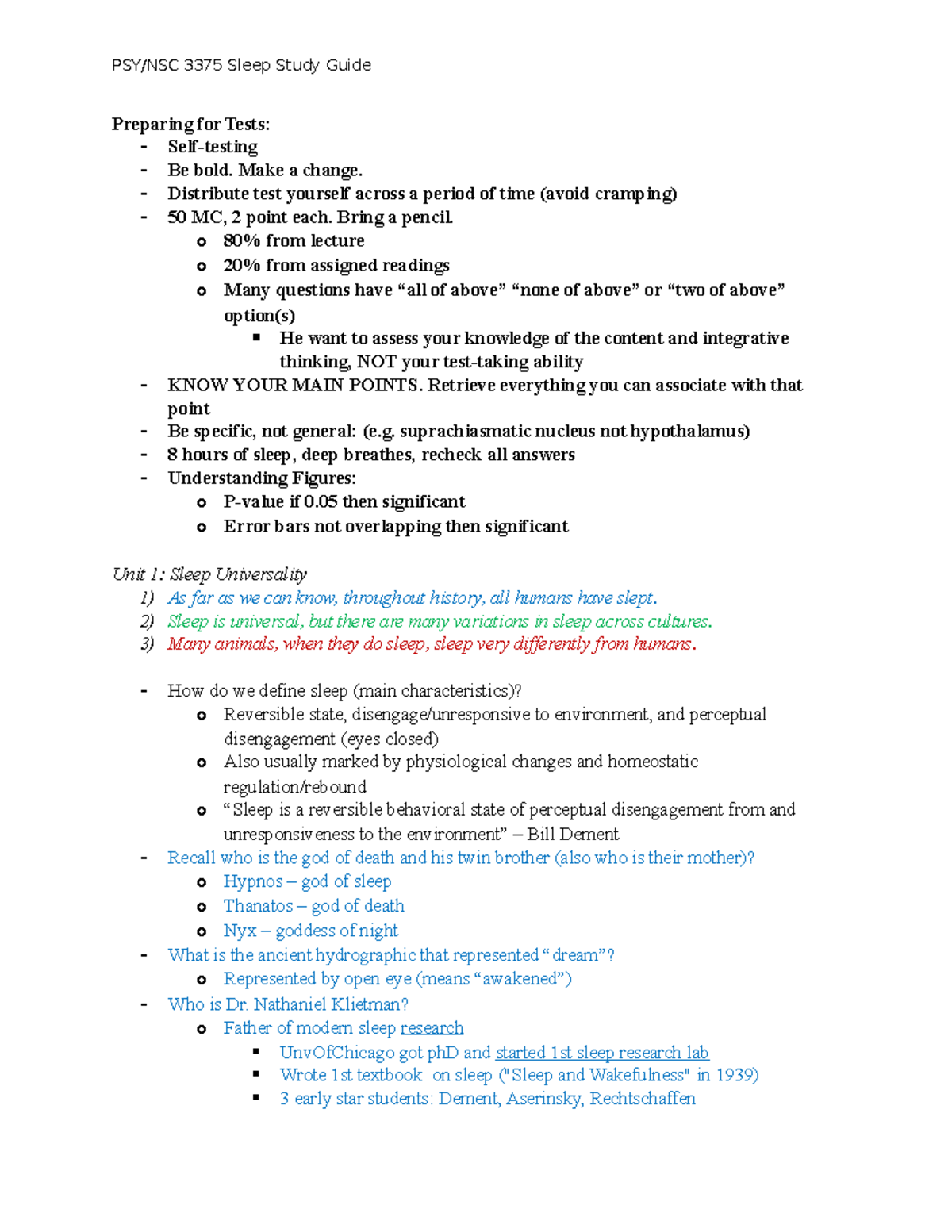 Sleep Psychology Exam 1 Study Guide - With Key Concepts - Studocu