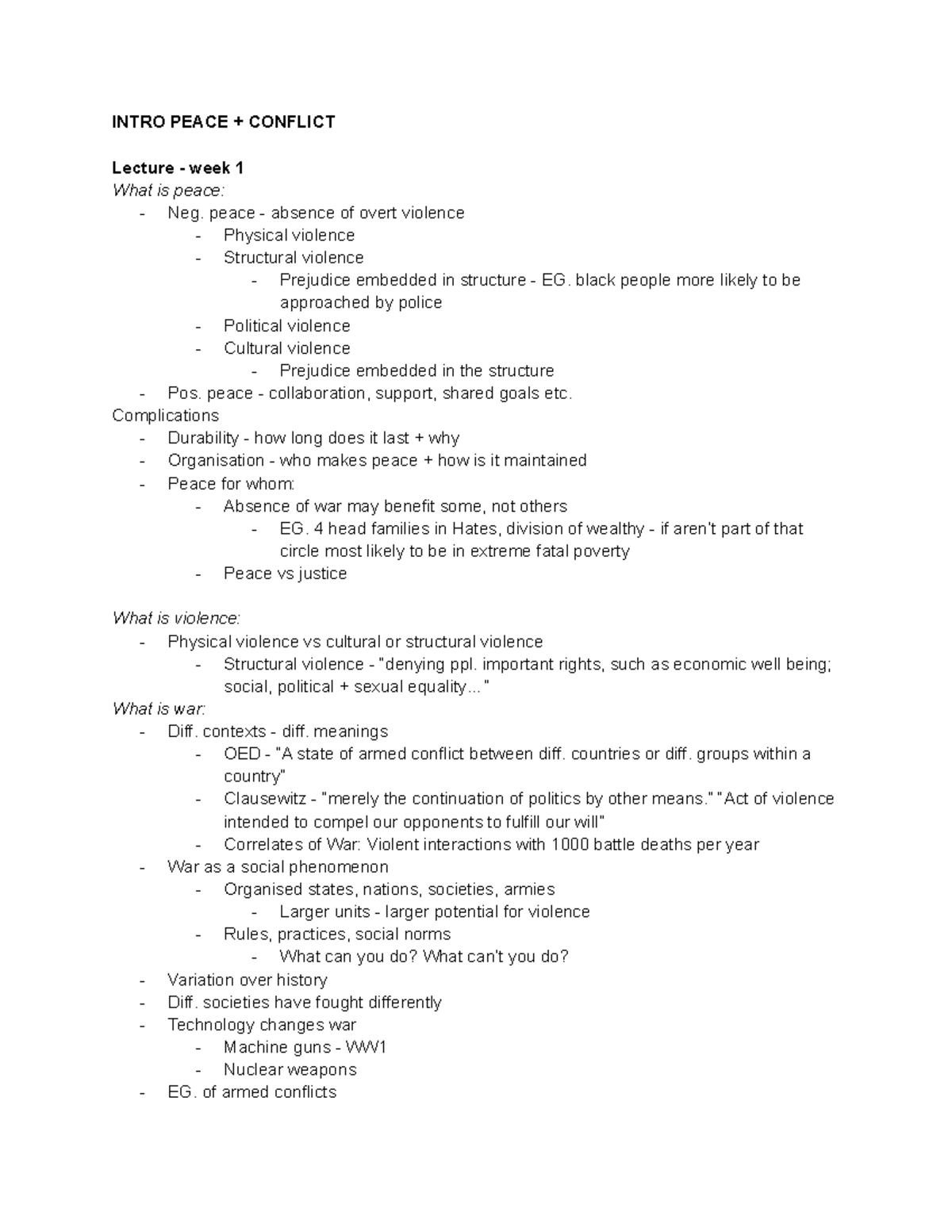 Peace and Conflict (PSCI 101): Lecture Notes Overview and Key Concepts ...