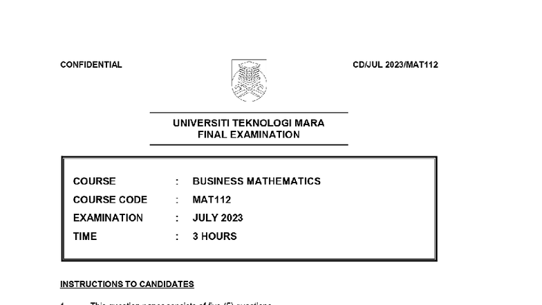MAT112 Business Mathematics Final Exam Questions - July 2023 - Studocu