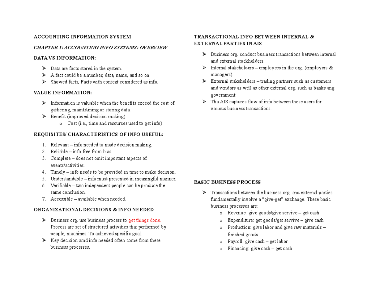 ACC 101: Overview of Accounting Information Systems - Chapter 1 ...
