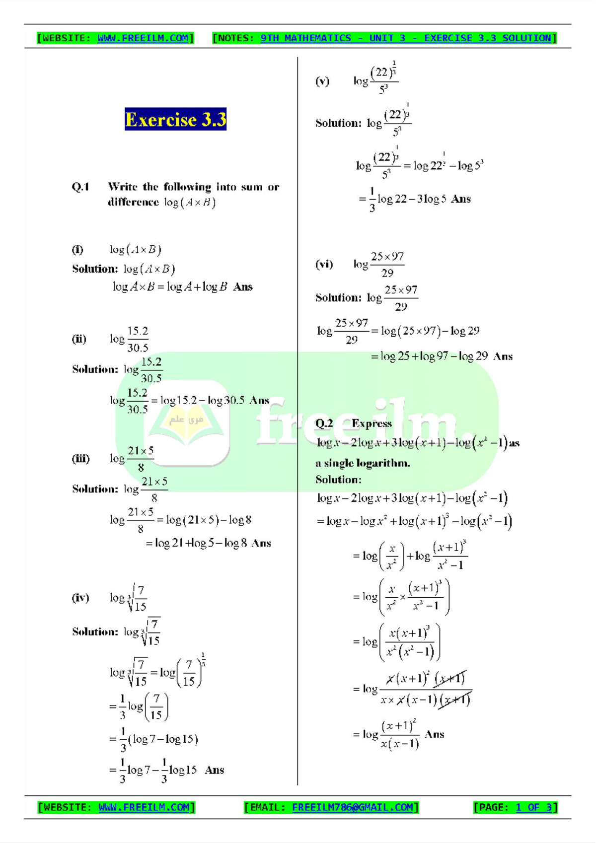 9th Math, Ch 3, Ex 3 - Solutions & Logarithm Exercises - Studocu