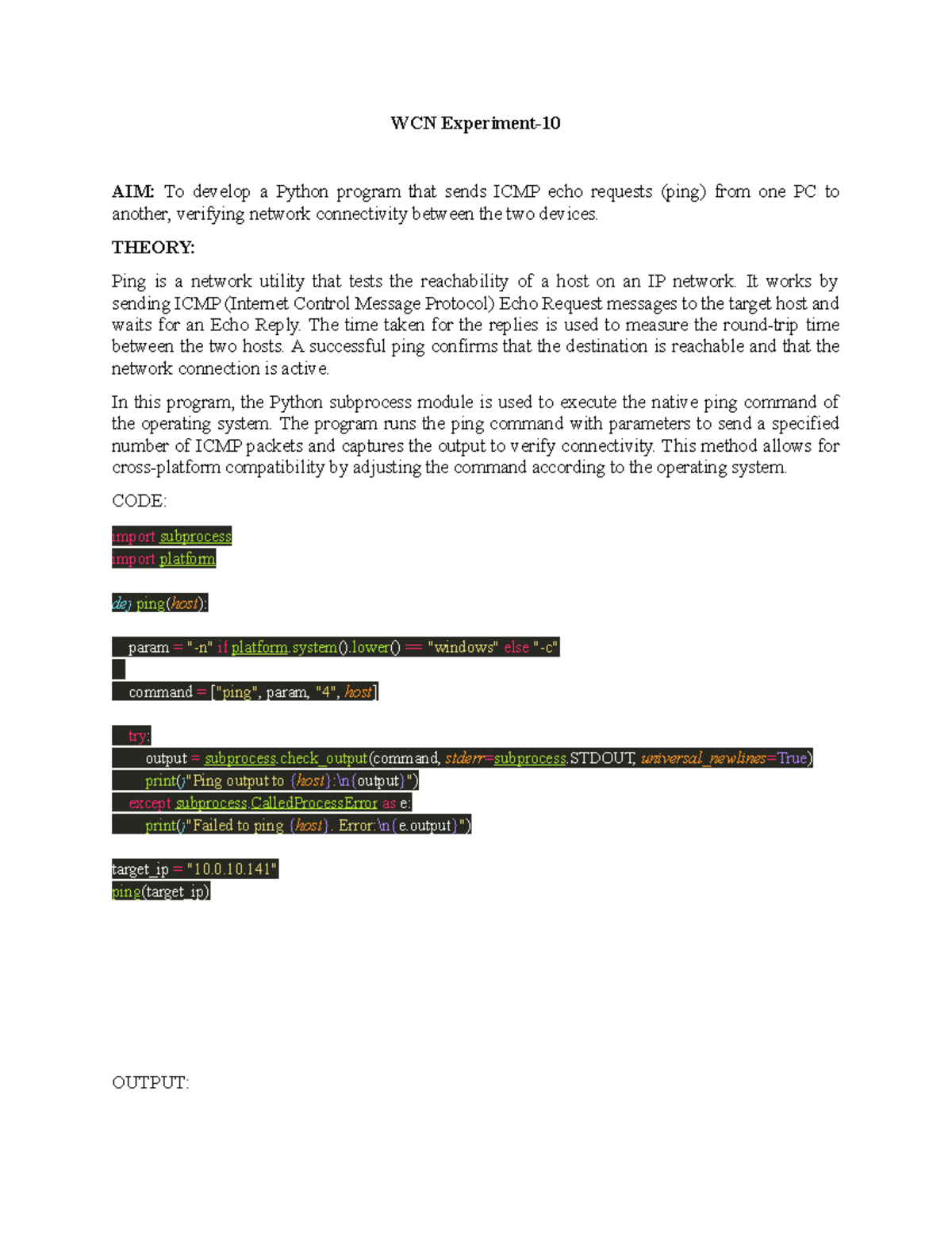 Exp10 - WCN AIM: Python ICMP Ping Program for Network Testing - Studocu