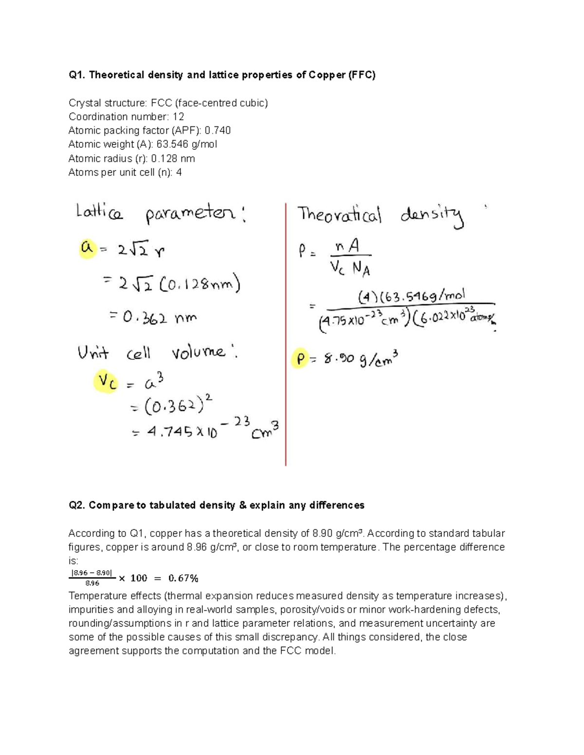 MANE2220U Lab 1 Report: Theoretical Density & Lattice Properties of ...