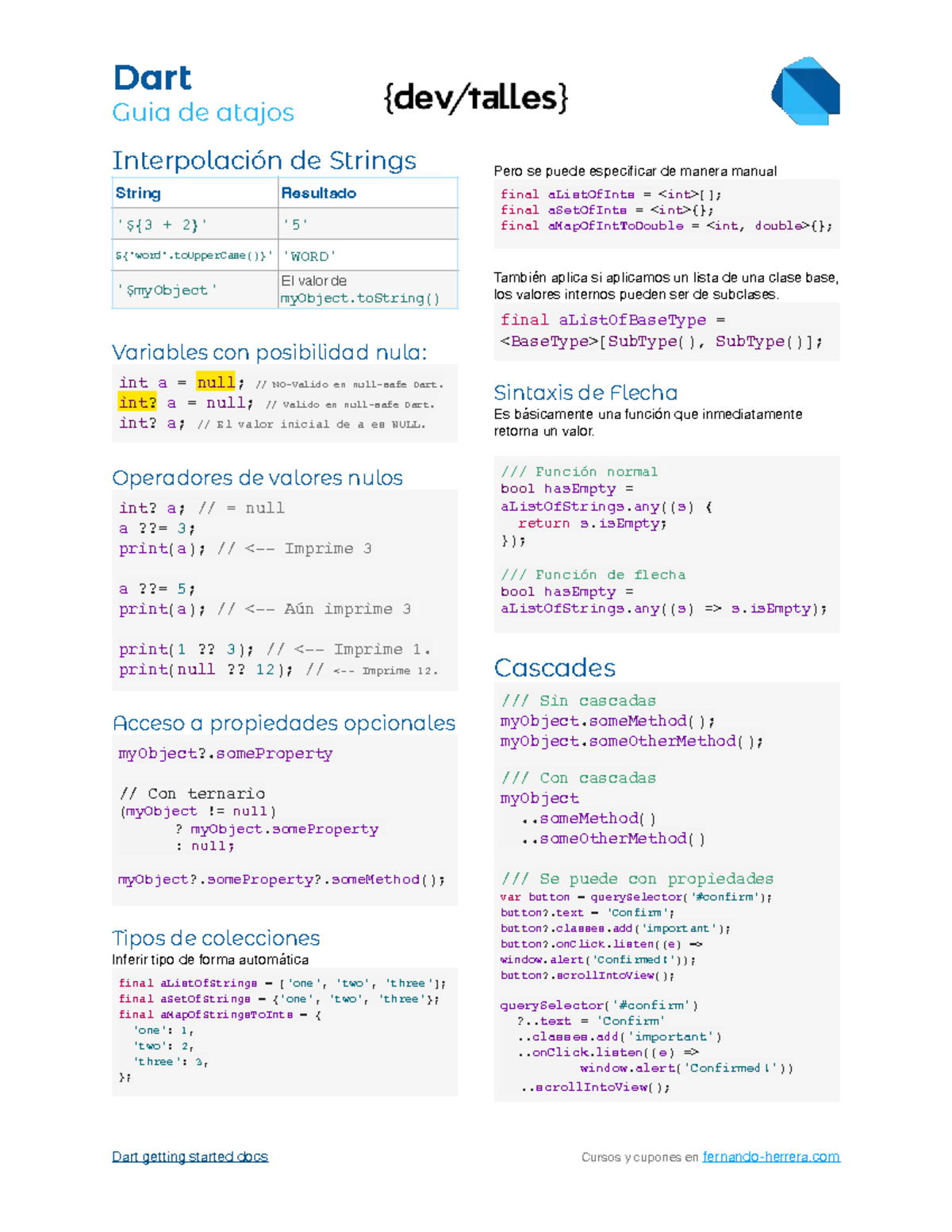 Dart Cheat Sheet: Atajos y Funciones Clave para Flutter - Studocu