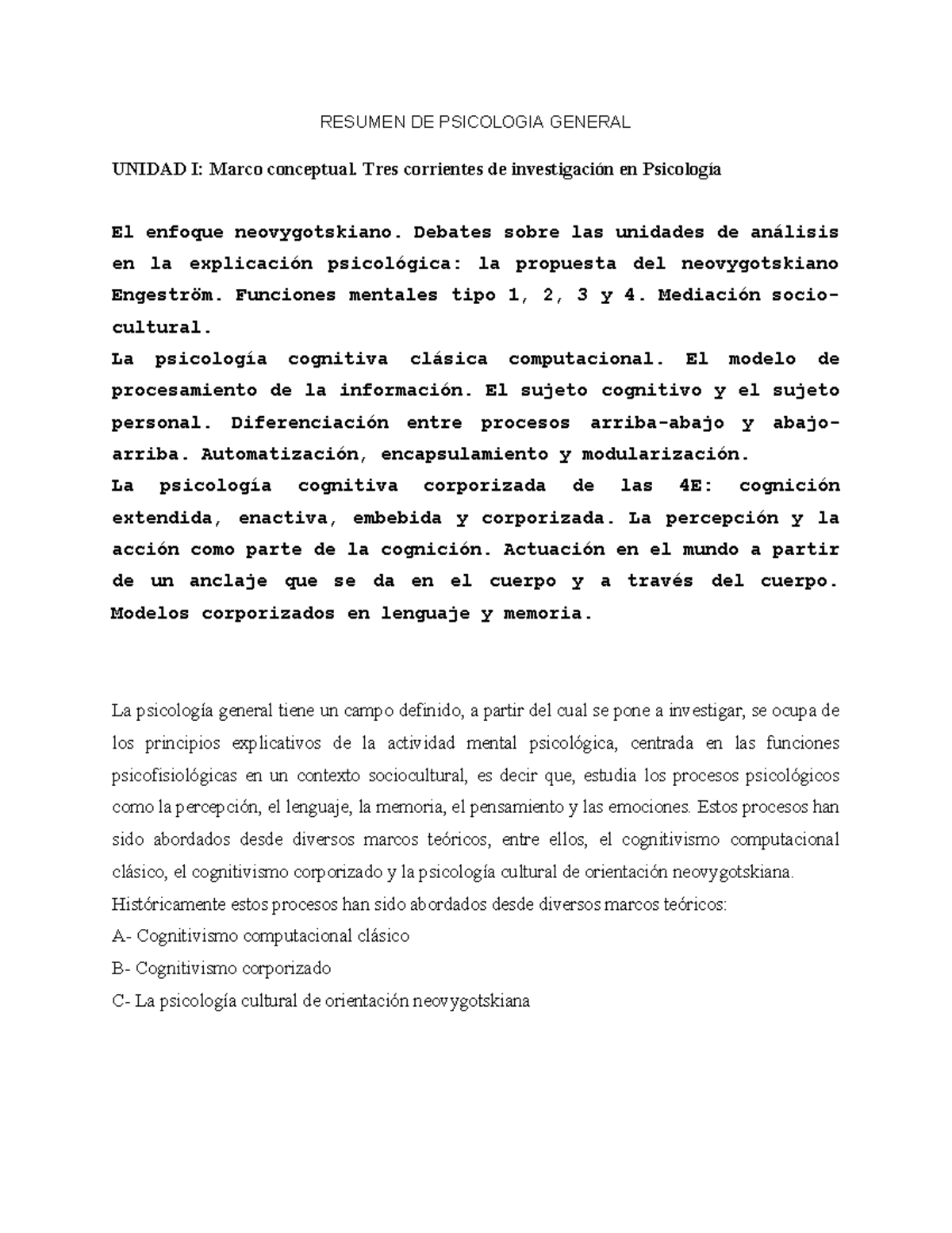 Resumen de Psicología General - Unidad I: Enfoques y Procesos Cognitivos - Document Preview