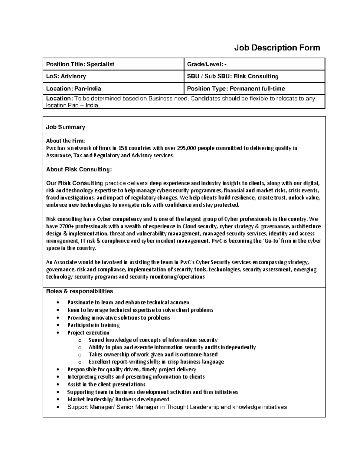 JD RC Specialist Engg - For the topics of job - Job Description Form ...