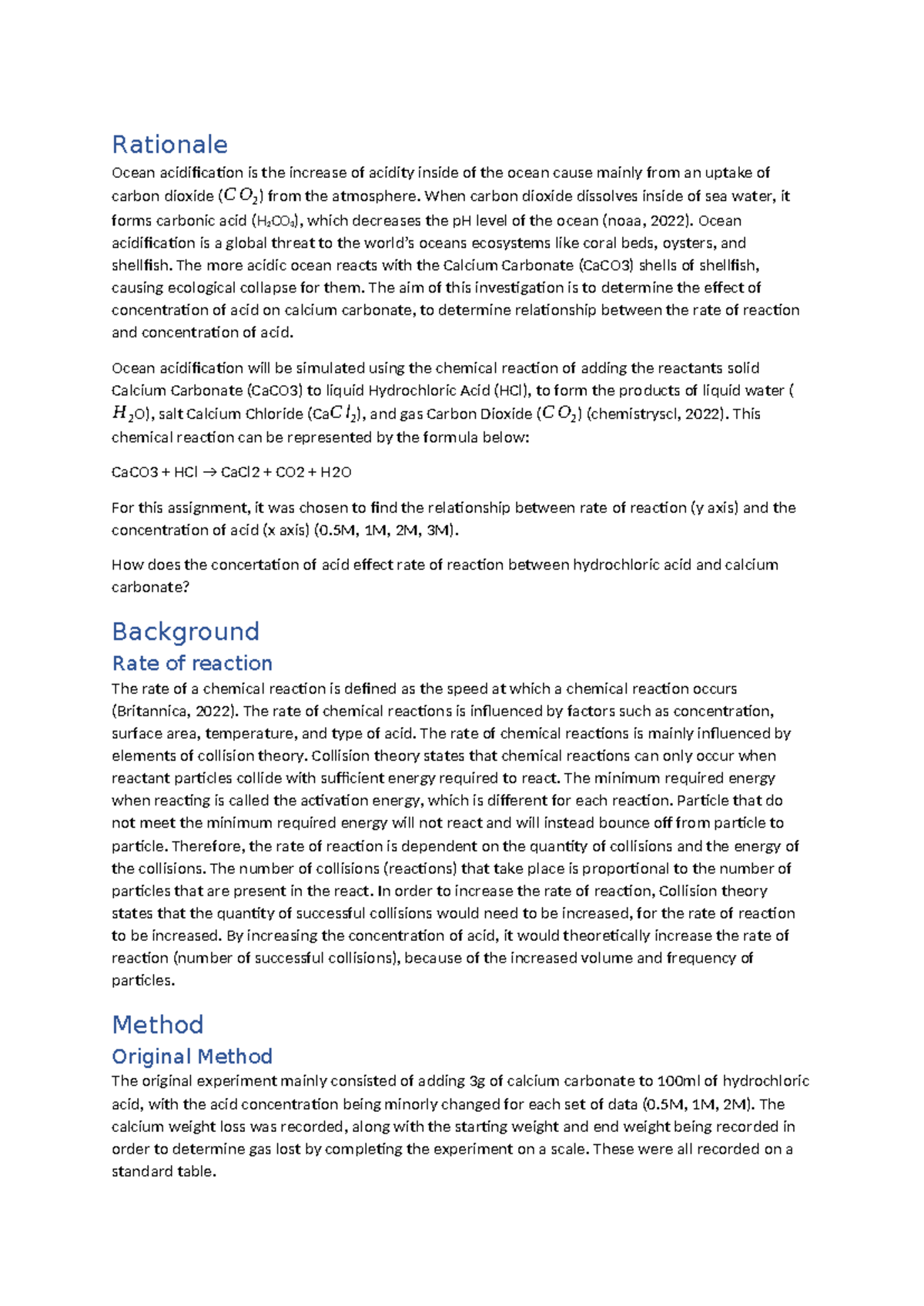 Chemistry Modified Experiment - Rationale Ocean acidification is the ...
