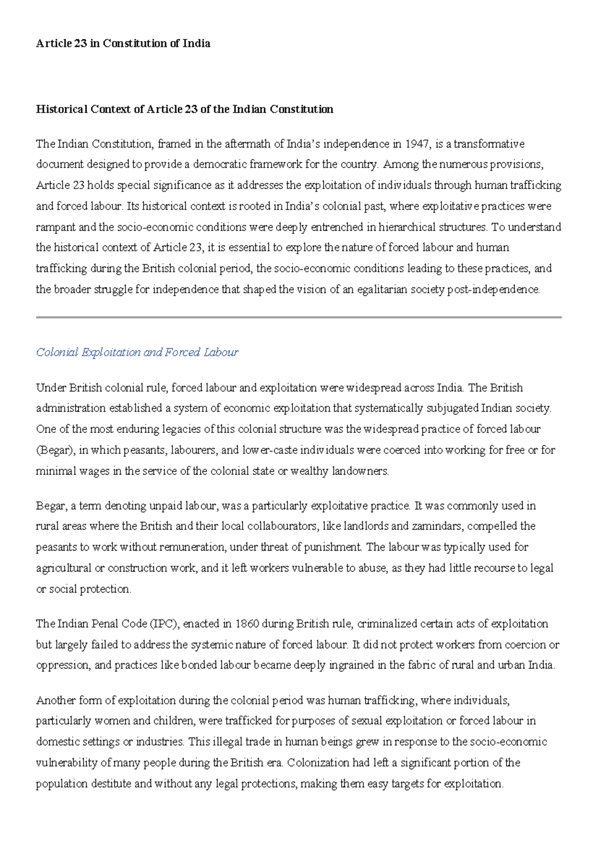 Historical Context and Significance of Article 23 in the Indian ...